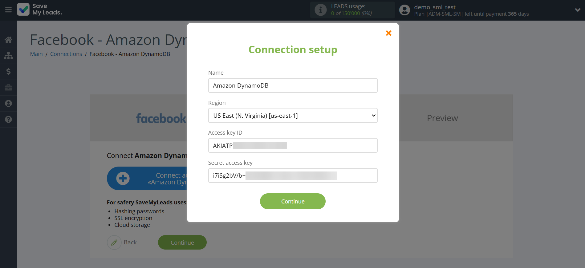 How to Connect Facebook with Amazon DynamoDB | Data Destination account connection