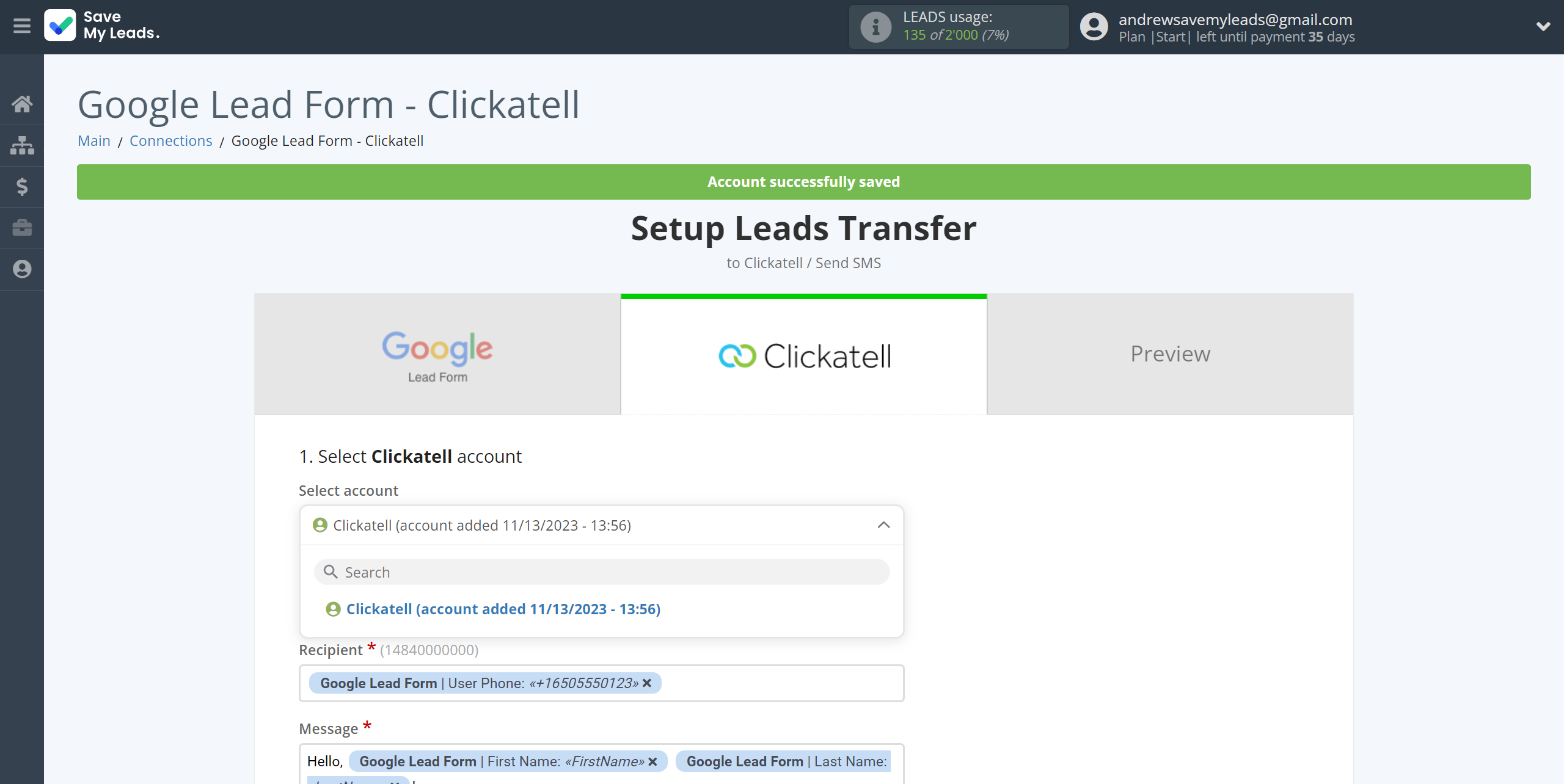 How to Connect Google Lead Form with Clickatell | Data Destination account selection