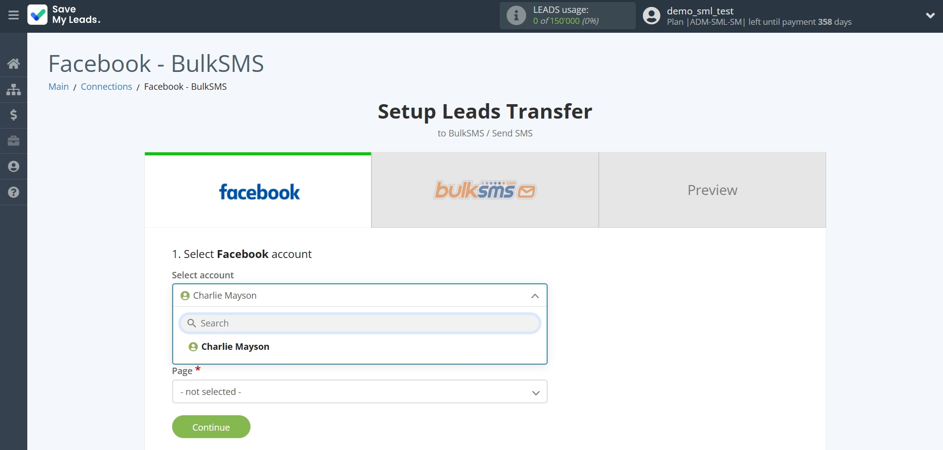 How to Connect Facebook with BulkSMS | Data Source account selection