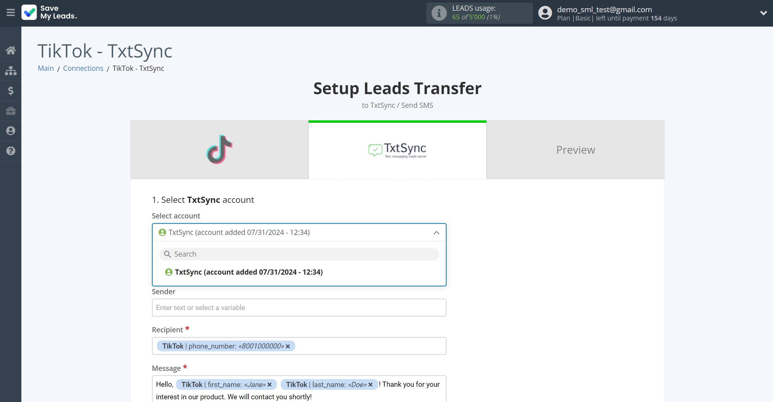 How to Connect TikTok with TxtSync | Data Destination account selection