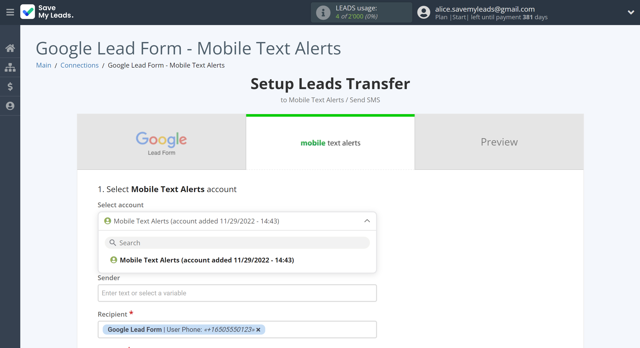 How to Connect Google Lead Form with Mobile Text Alerts | Data Destination account selection