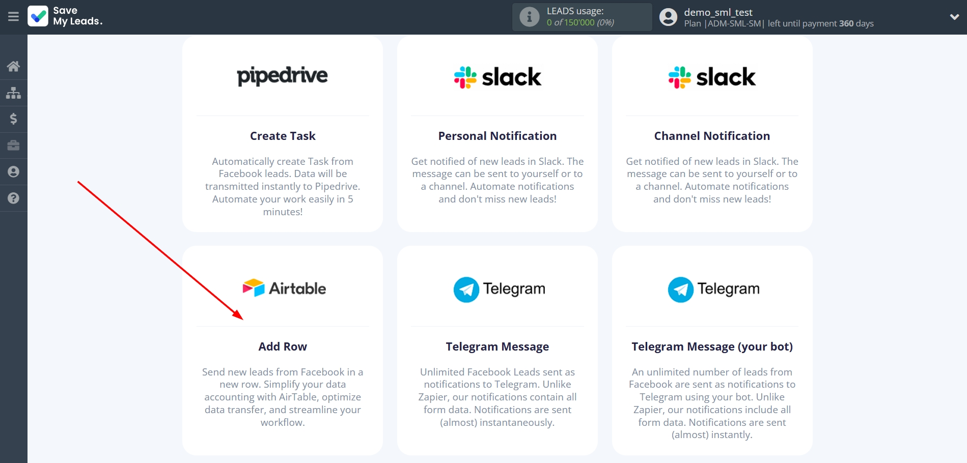 How to Connect Facebook with AirTable | Data Destination system selection