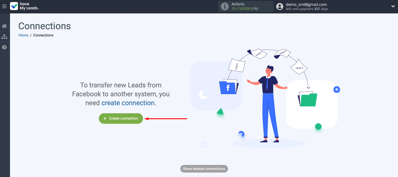 Facebook and ClickSend integration | Click "Create connection"