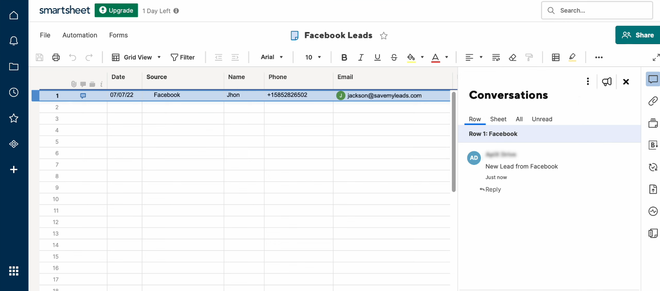 Facebook Lead Ads and Smartsheet integration | A new test row