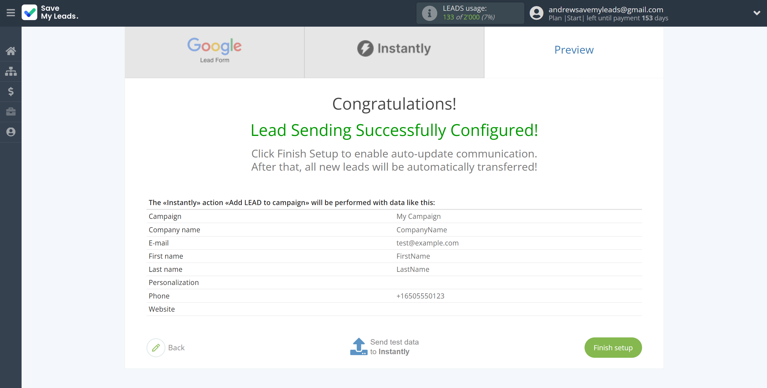 How to Connect Google Lead Form with Instantly Add lead to campaign | Test data