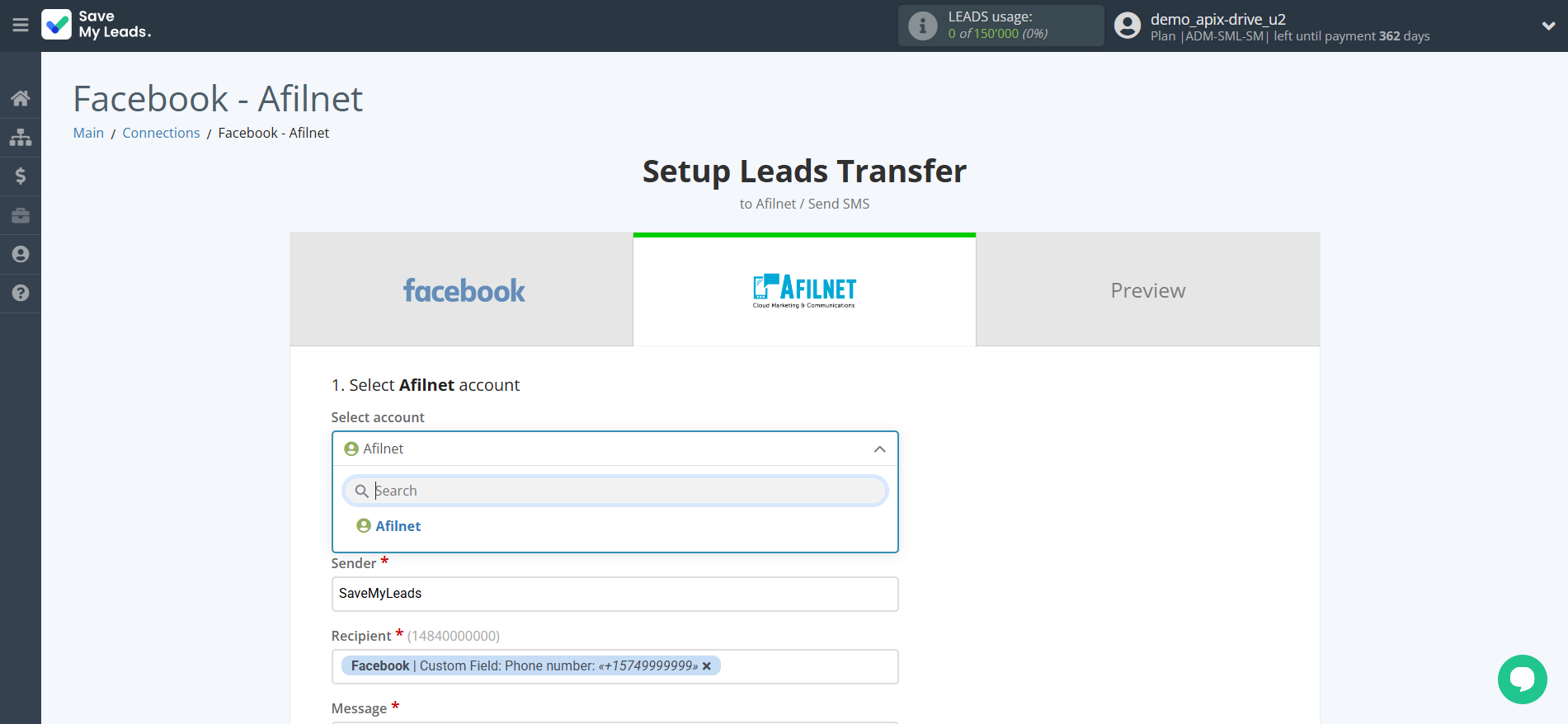 How to Connect Facebook with Afilnet | Data Destination account selection