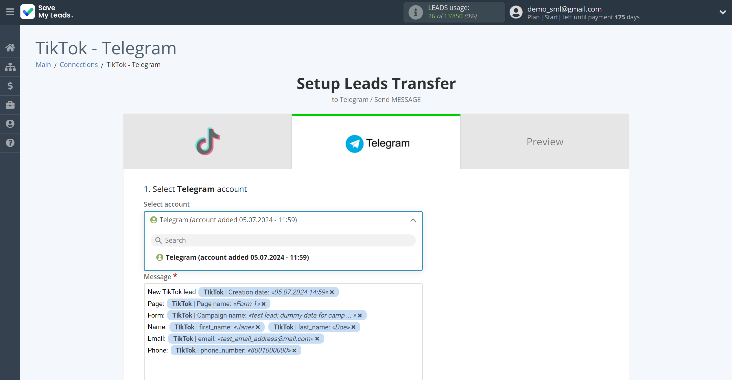 How to Connect TikTok with Telegram | Data Destination account selection