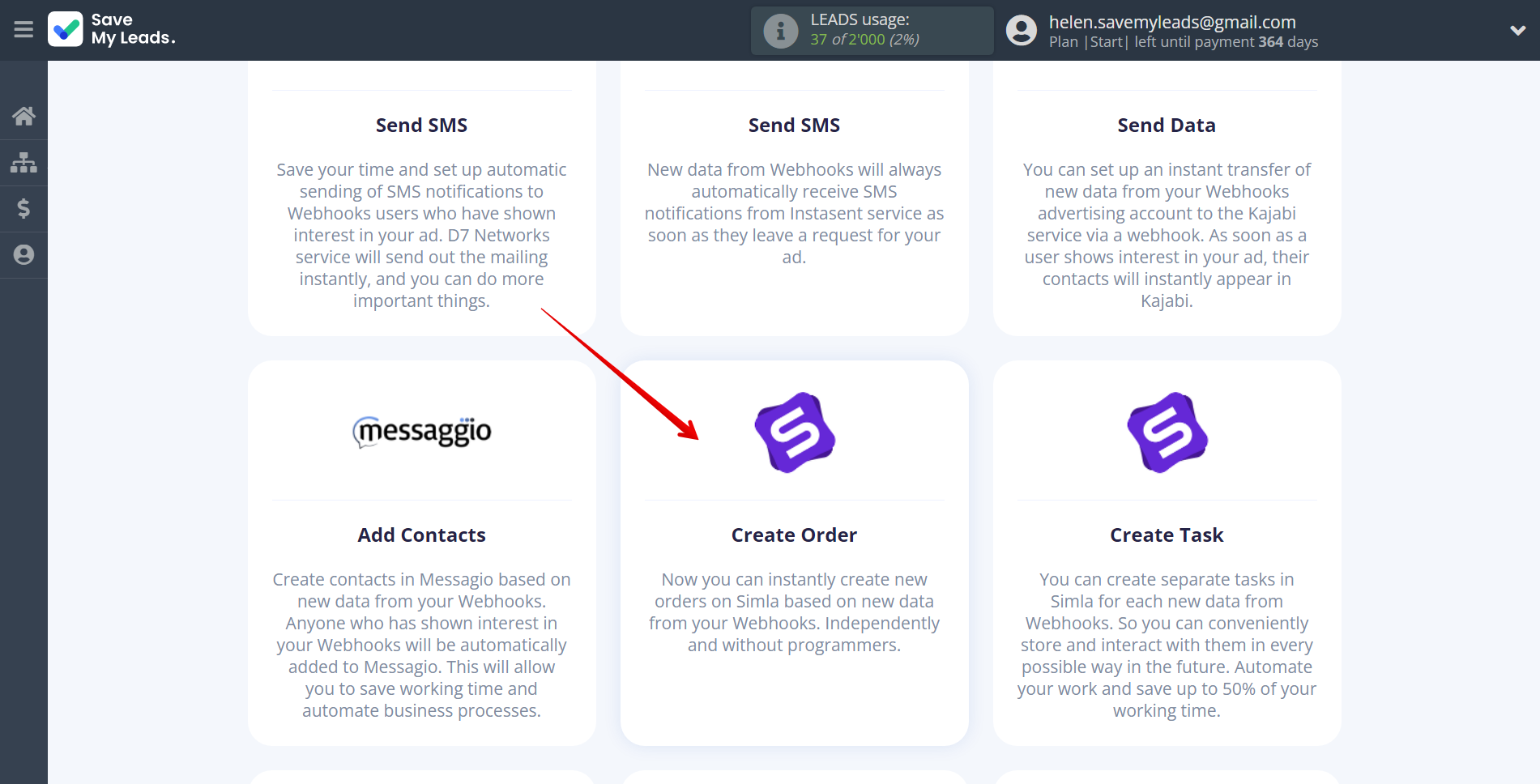 How to Connect Webhooks with Simla Create Order | Data Destination system selection