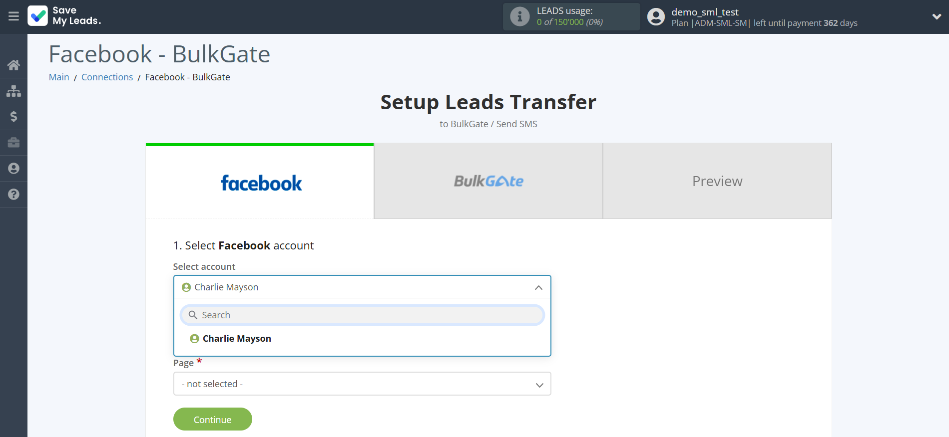 How to Connect Facebook with BulkGate | Data Source account selection