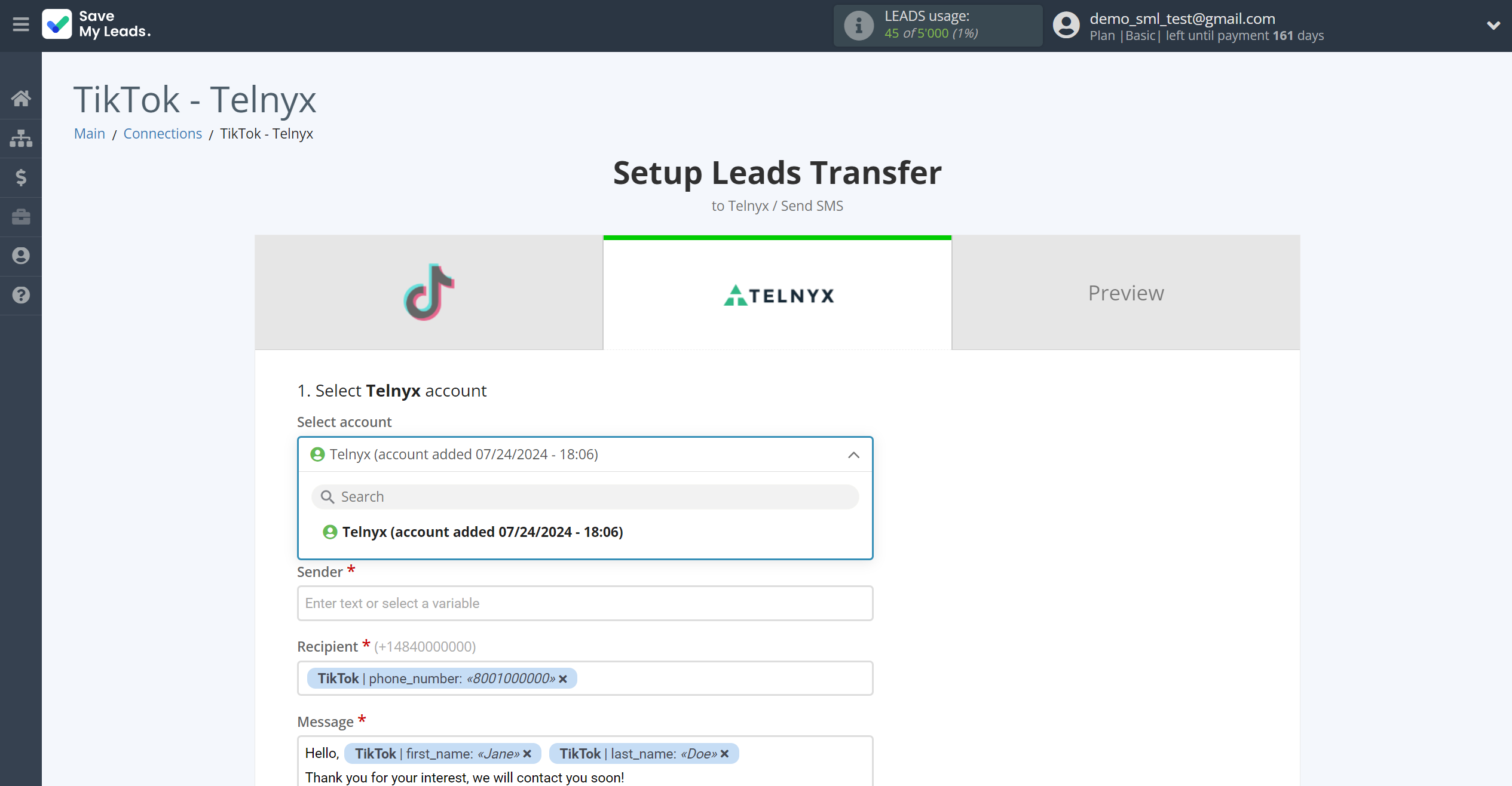 How to Connect TikTok with Telnyx | Data Destination account selection