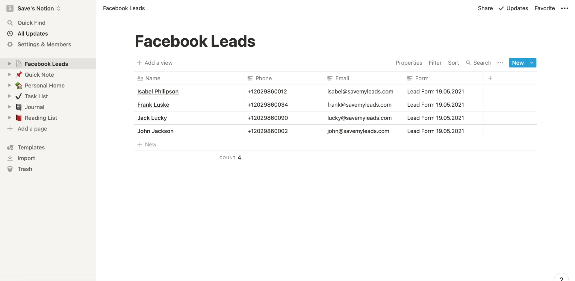 How to set up the upload of new leads from your Facebook ad account to Notion |&nbsp;Facebook leads sent to Notion