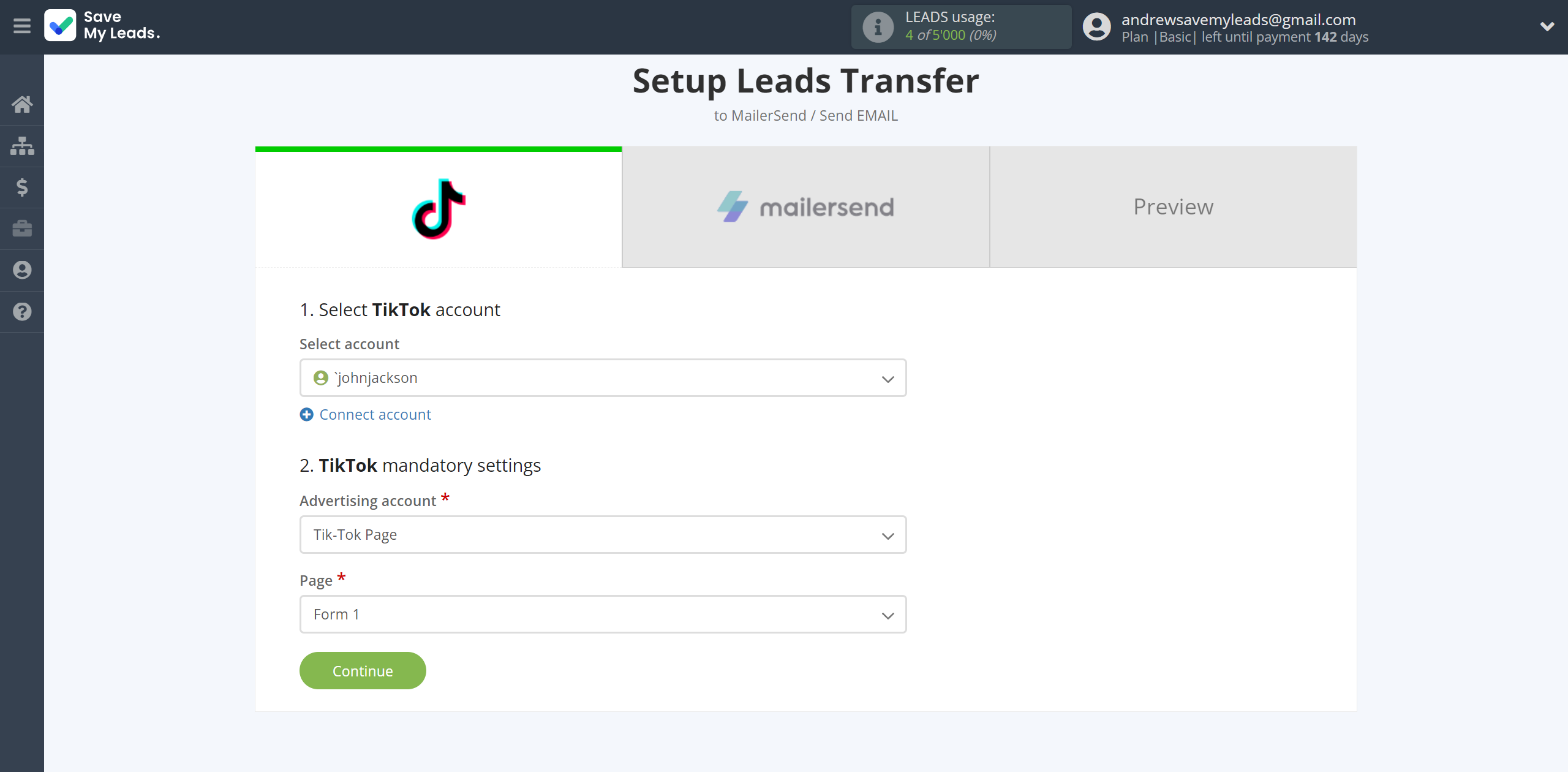 How to Connect TikTok with MailerSend Send Email | Data Source account connection