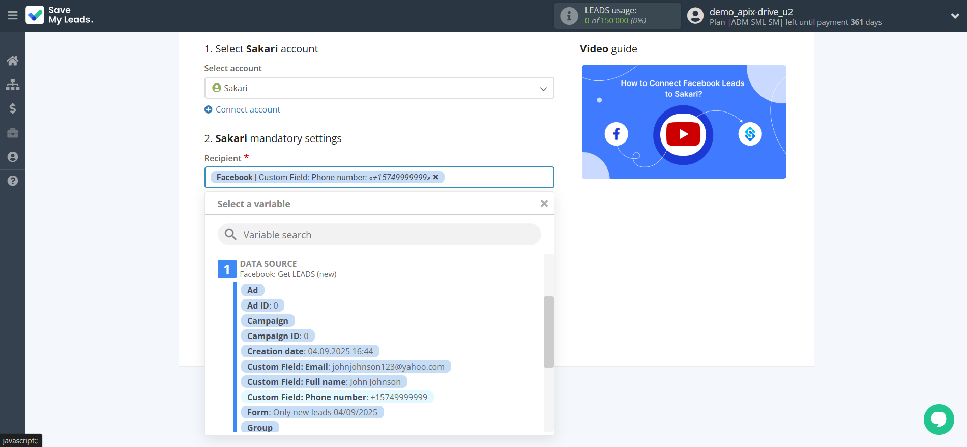 How to Connect Facebook with Sakari | Assigning fields