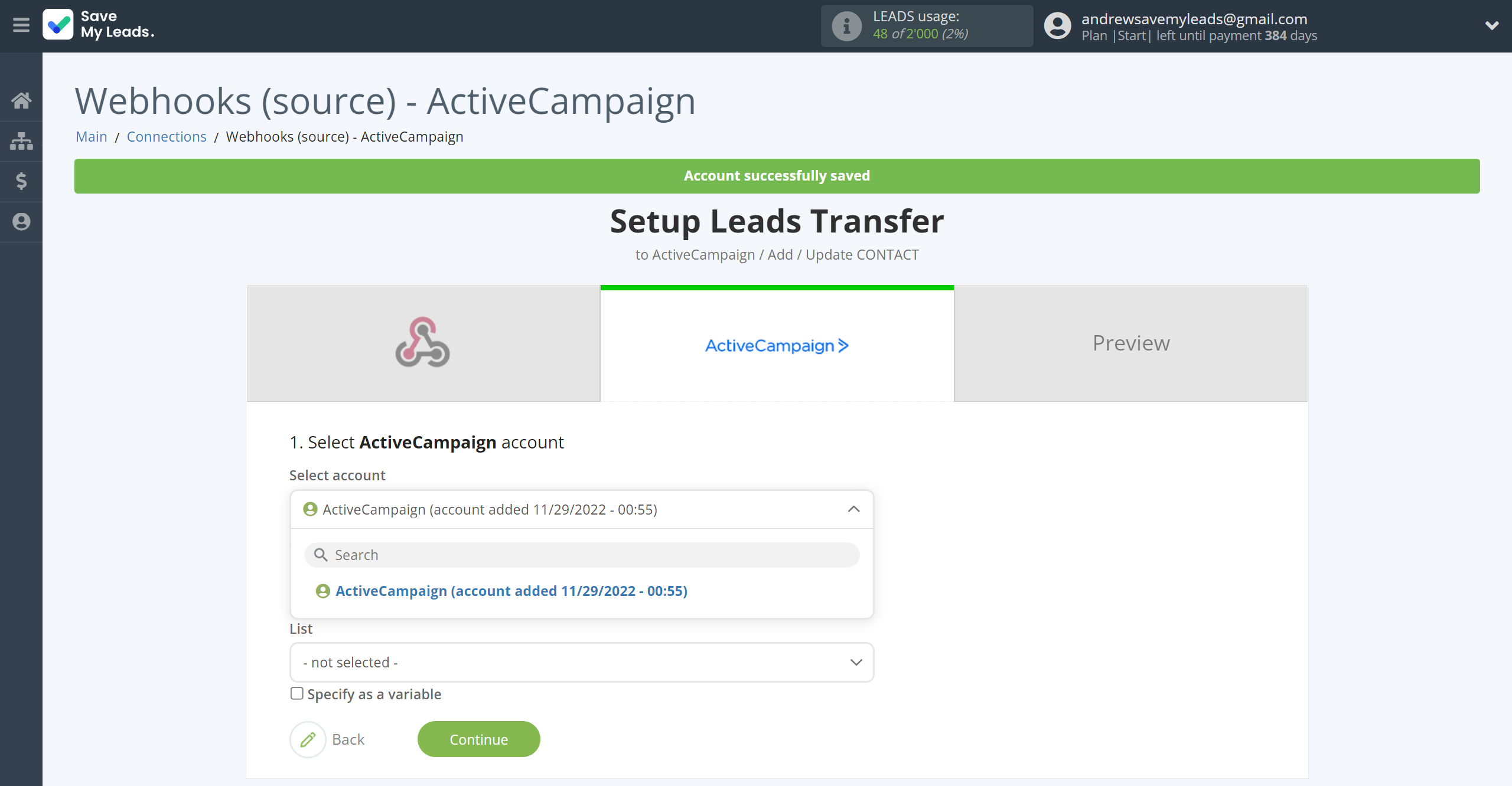 How to Connect Webhooks with ActiveCampaign Create Contacts | Data Destination account selection