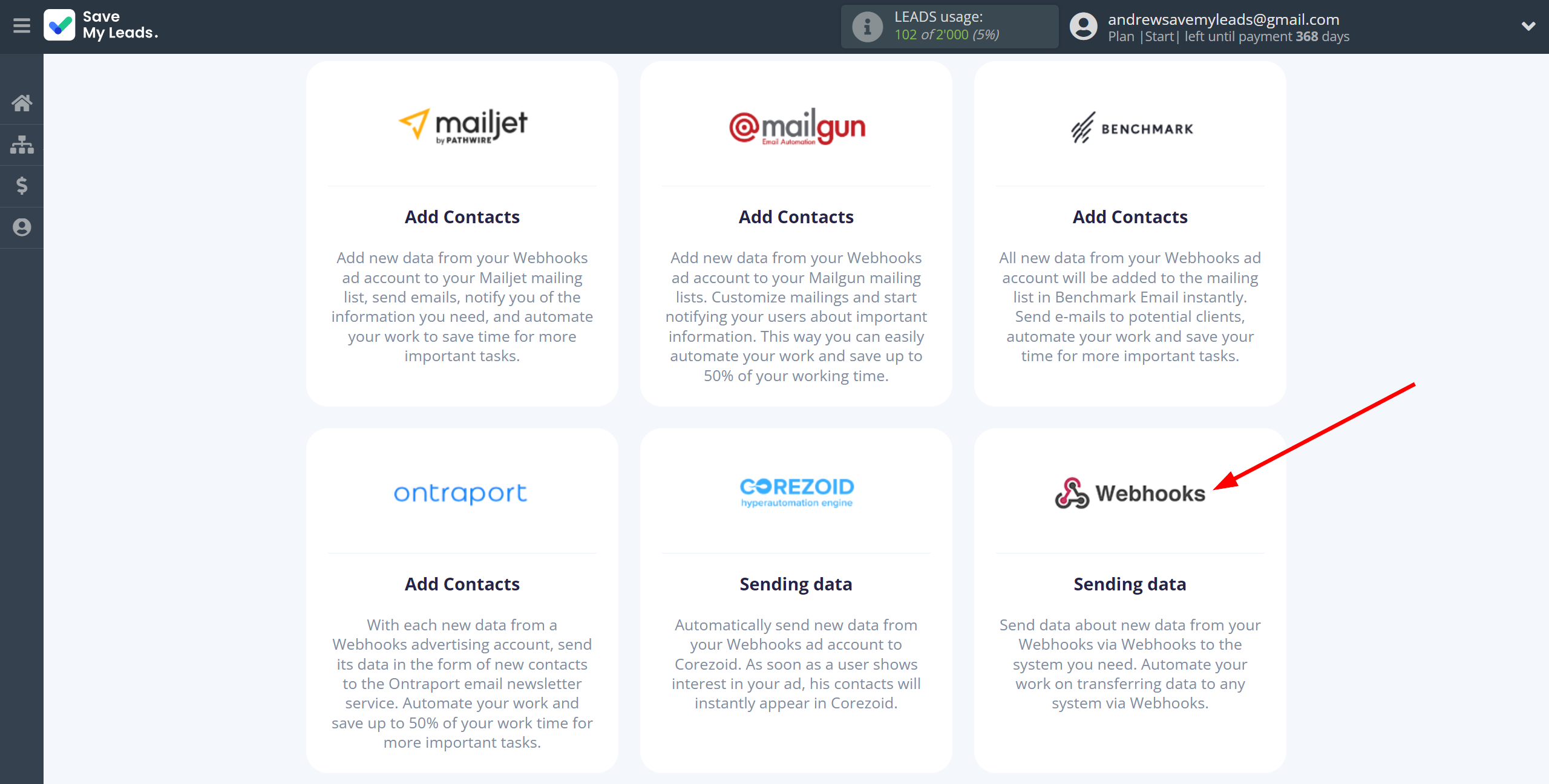 How to Connect Webhooks with Webhooks | Data Destination system selection