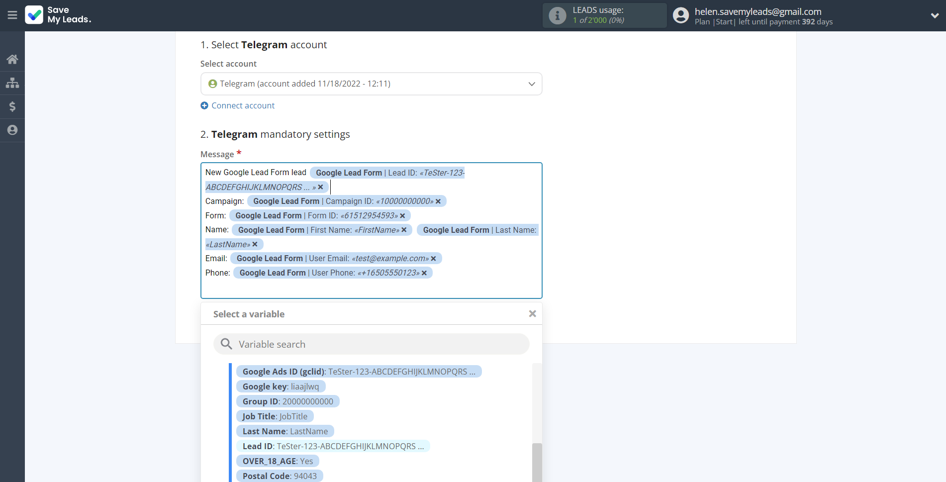 How to Connect Google Lead Form with Telegram | Assigning fields