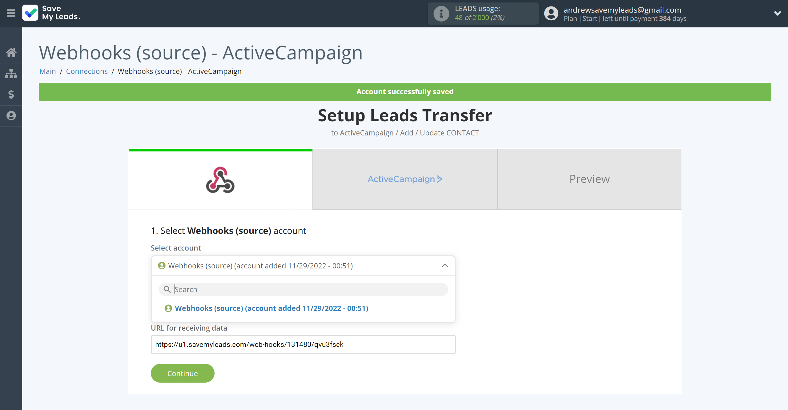 How to Connect Webhooks with ActiveCampaign Create Contacts | Data Source account selection