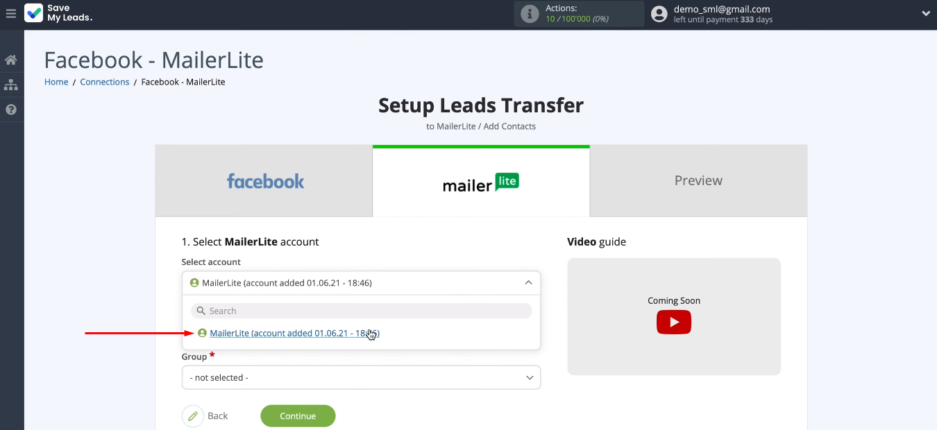 Facebook and MailerLite integration | Select MailerLite account
