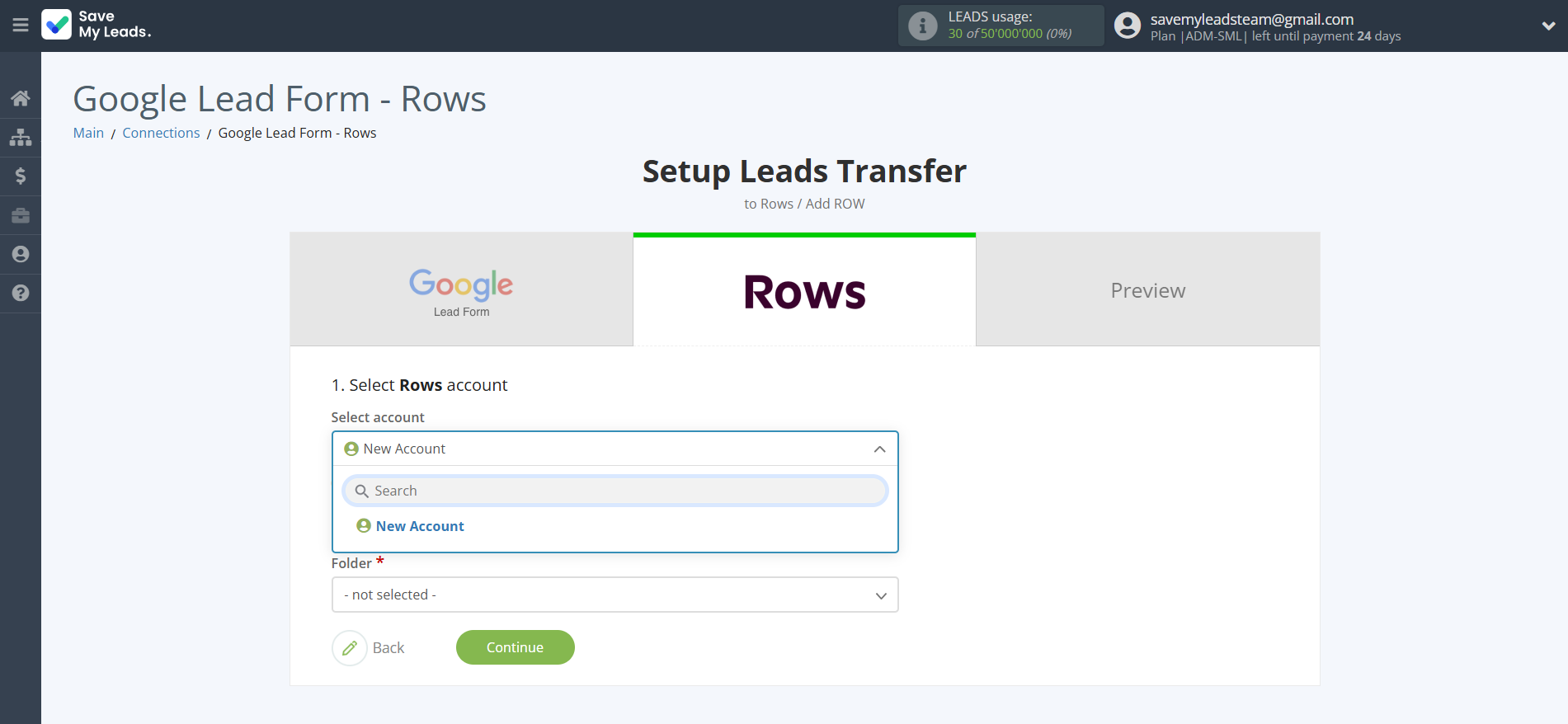 How to Connect Google Lead Form with Rows Add Row | Data Destination account selection