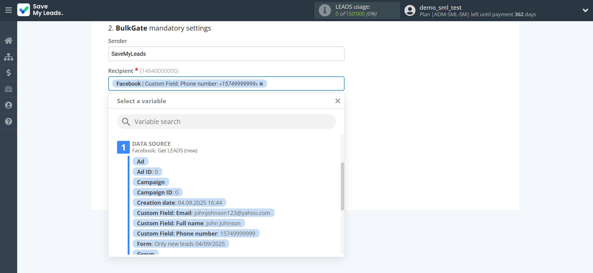 How to Connect Facebook with BulkGate | Assigning fields