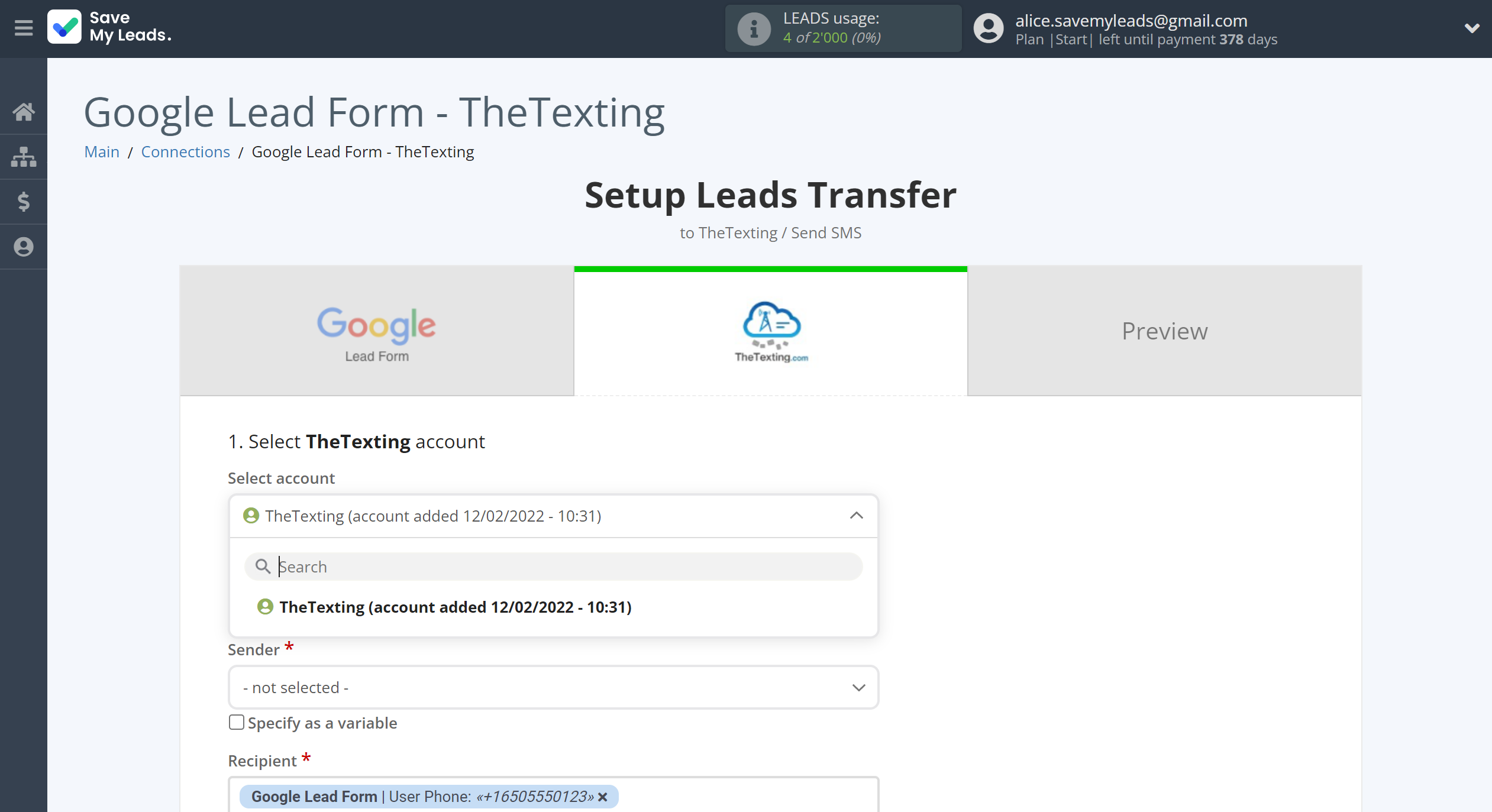 How to Connect Google Lead Form with TheTexting | Data Destination account selection