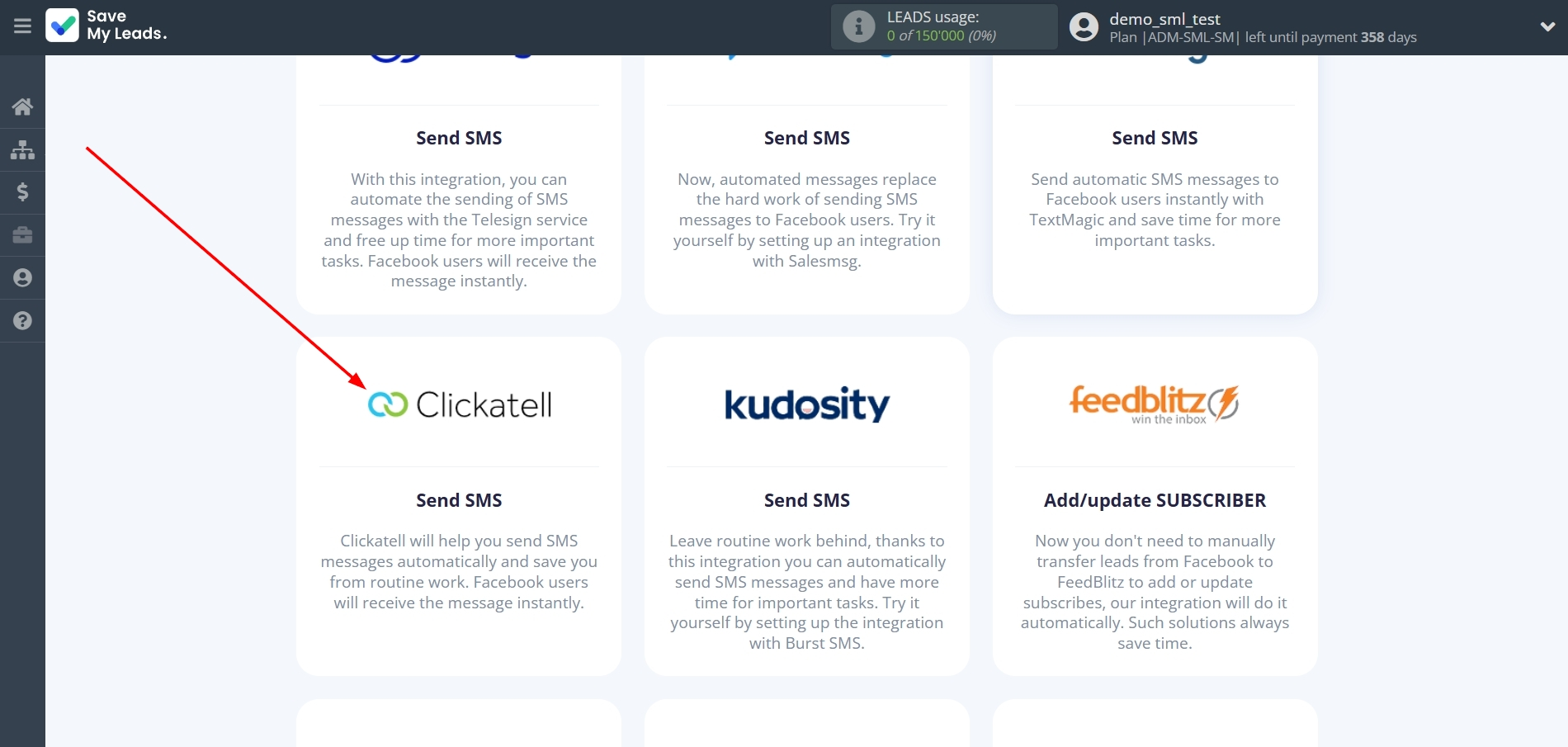 How to Connect Facebook with Clickatell | Data Destination system selection