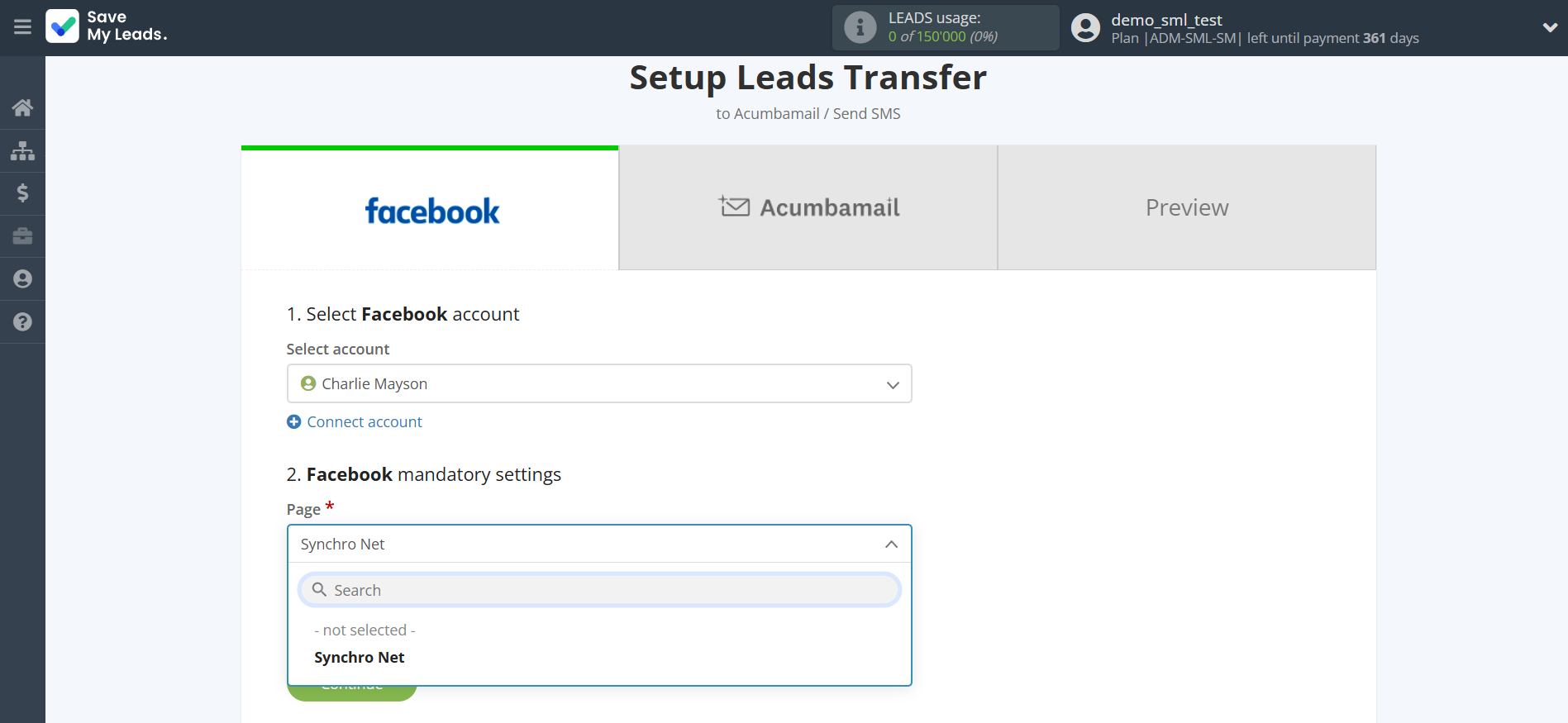 How to Connect Facebook with Acumbamail Send SMS | Data Source account selection
