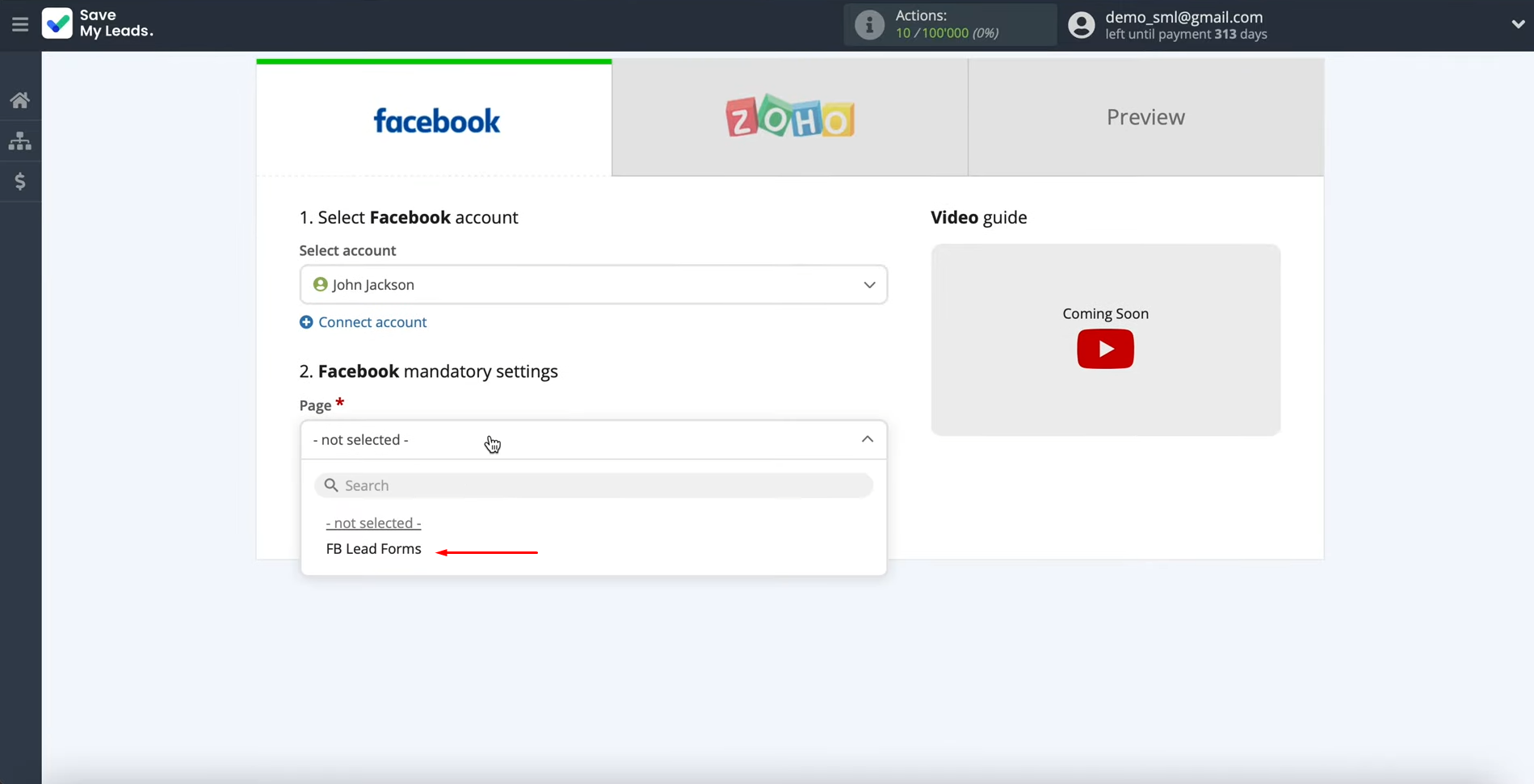 Facebook Lead Ads and Zoho CRM integration | Select the advertising page