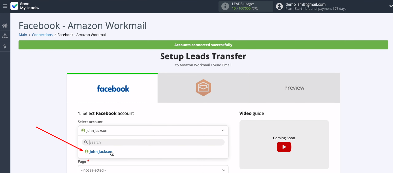 Facebook and Amazon WorkMail integration | Select the desired Facebook account