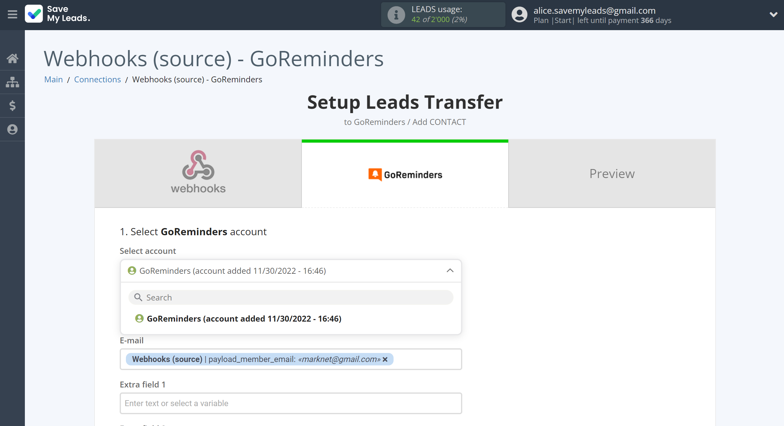 How to Connect Webhooks with GoReminders | Data Destination account selection