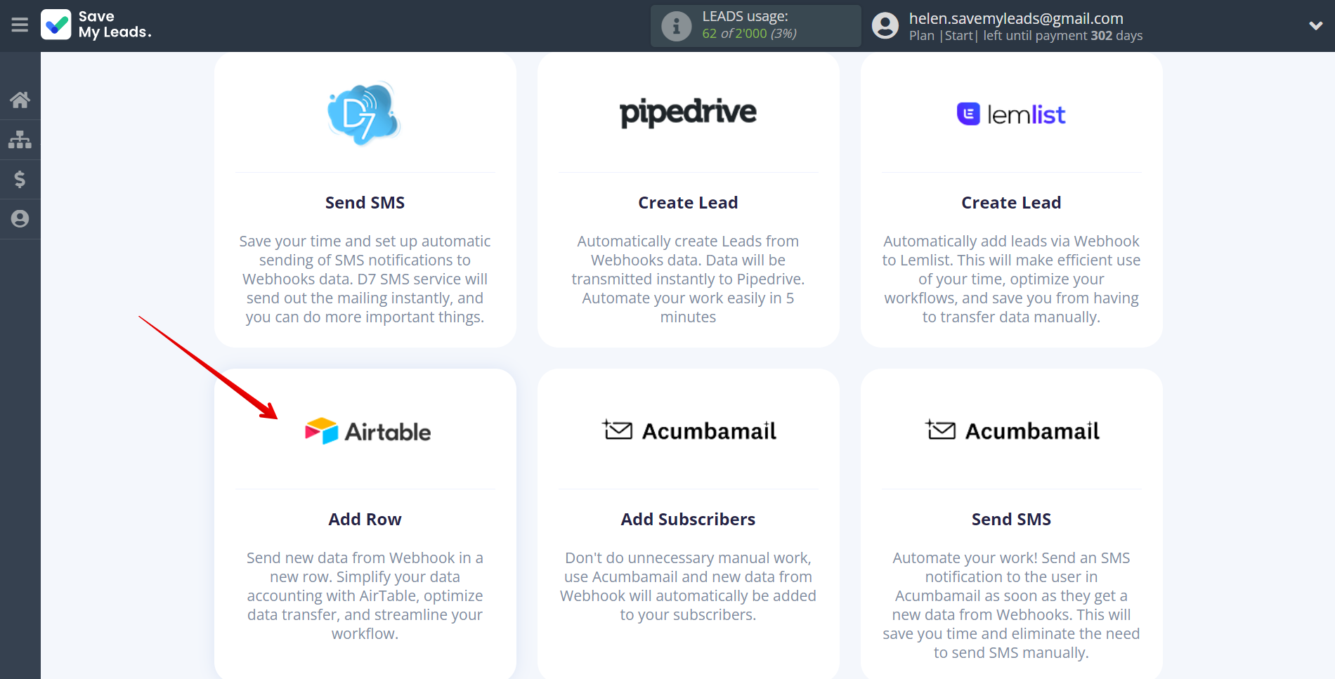 How to Connect Webhooks with AirTable | Data Destination system selection