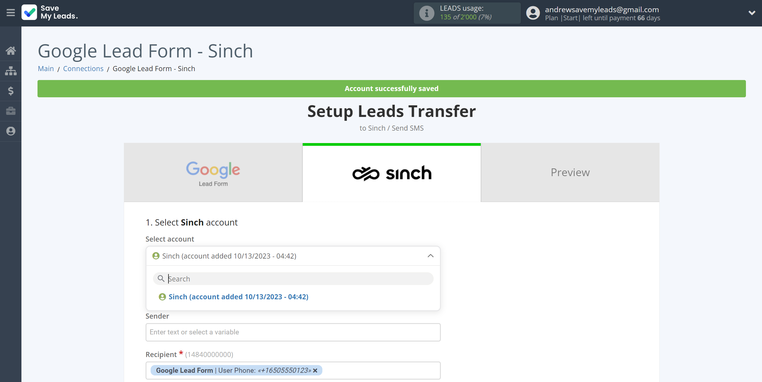 How to Connect Google Lead Form with Sinch | Data Destination account selection