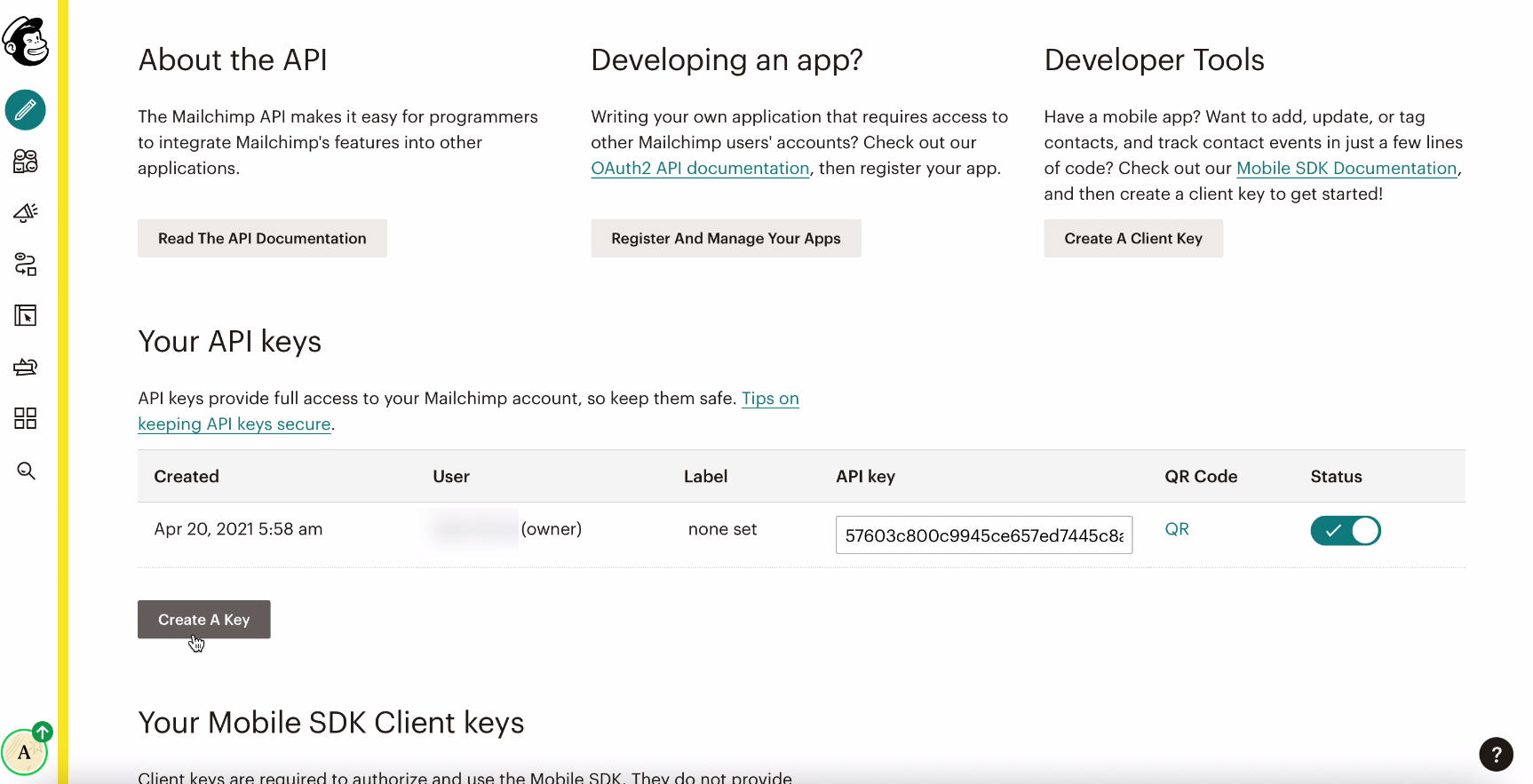 MailChimp and Facebook integration | Click "Create key"&nbsp;