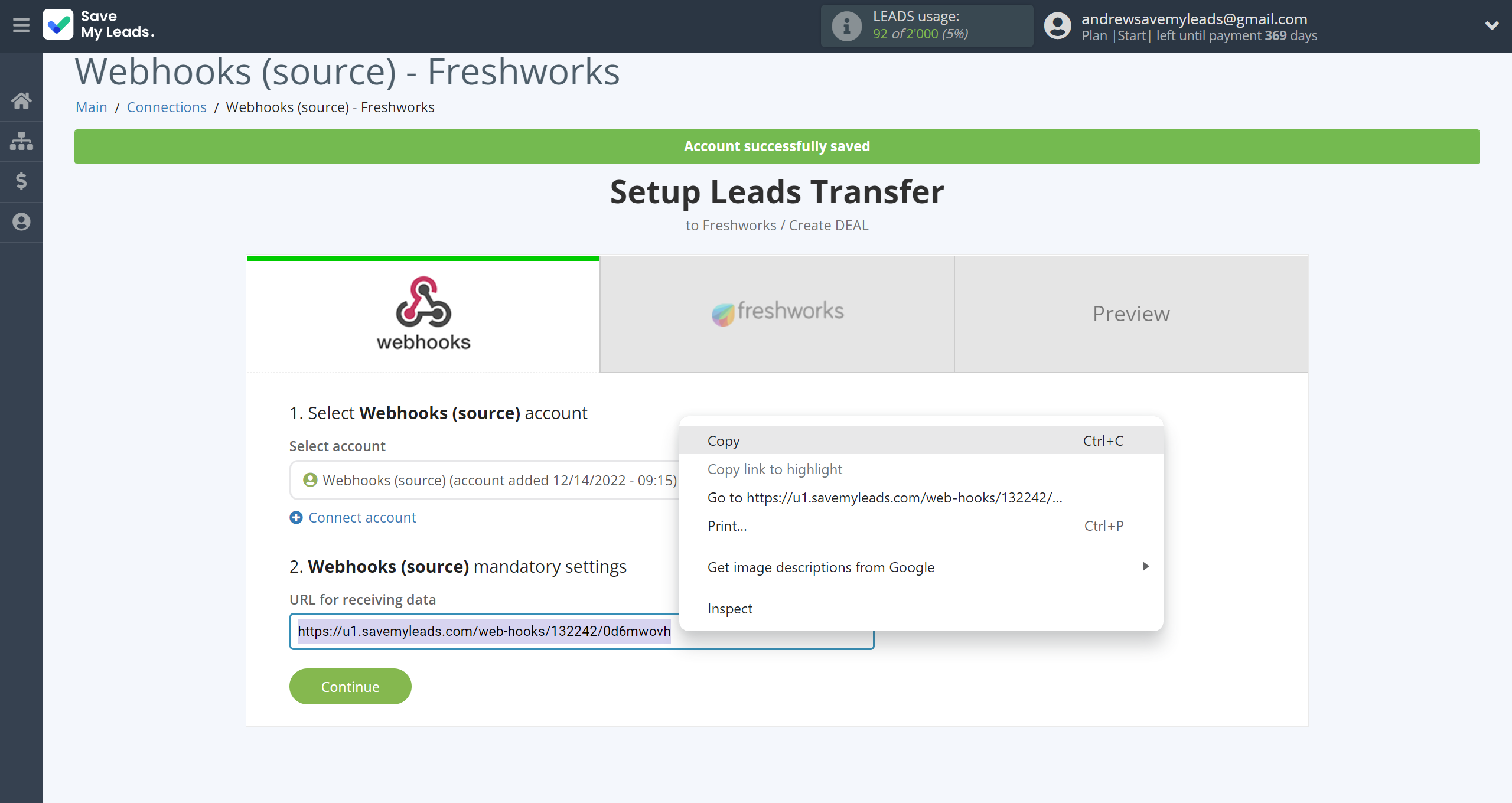 How to Connect Webhooks with Freshworks Create Deal | Data Source account connection