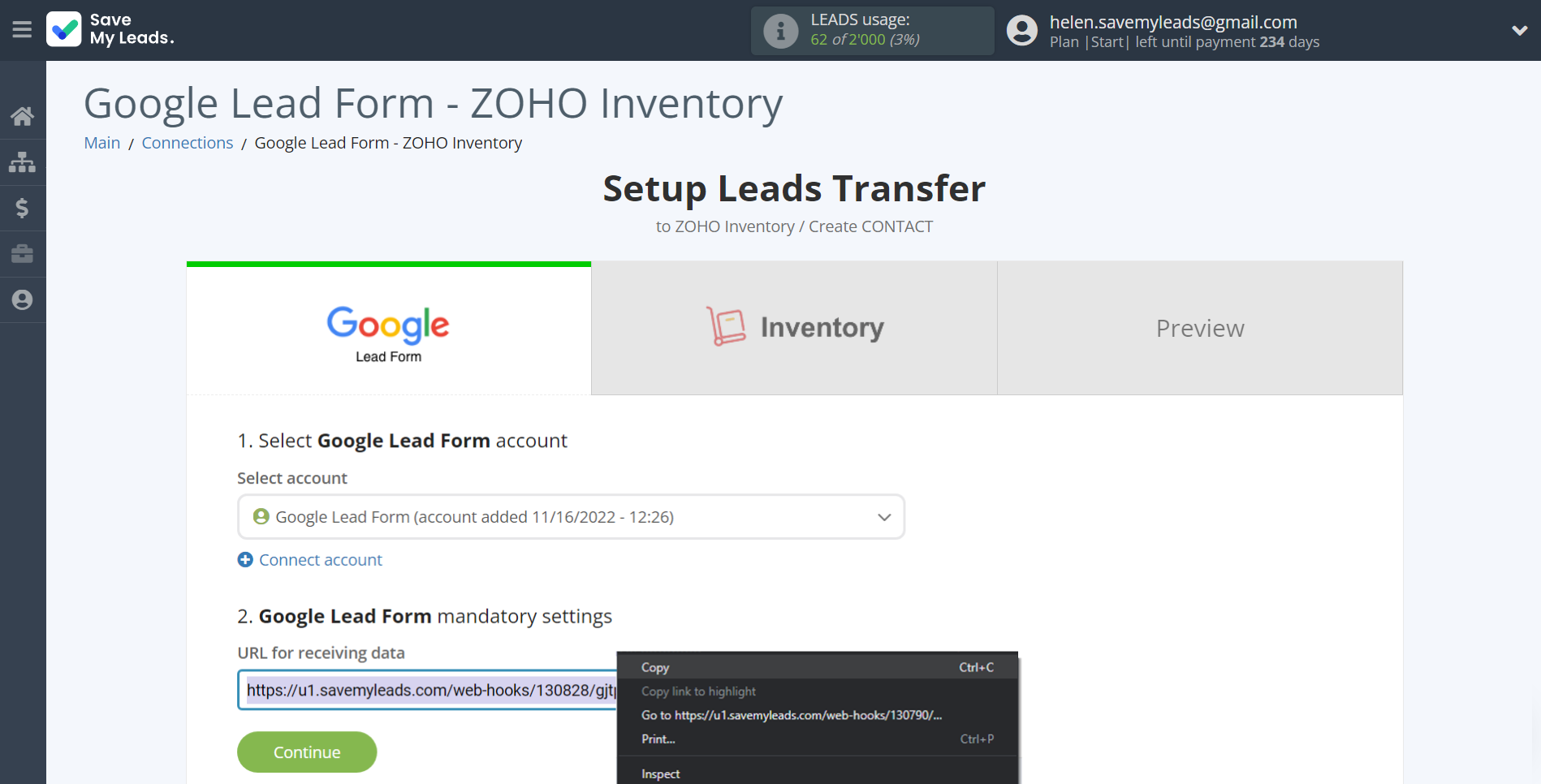 How to Connect Google Lead Form with Zoho Inventory Create Contacts | Data Source account connection