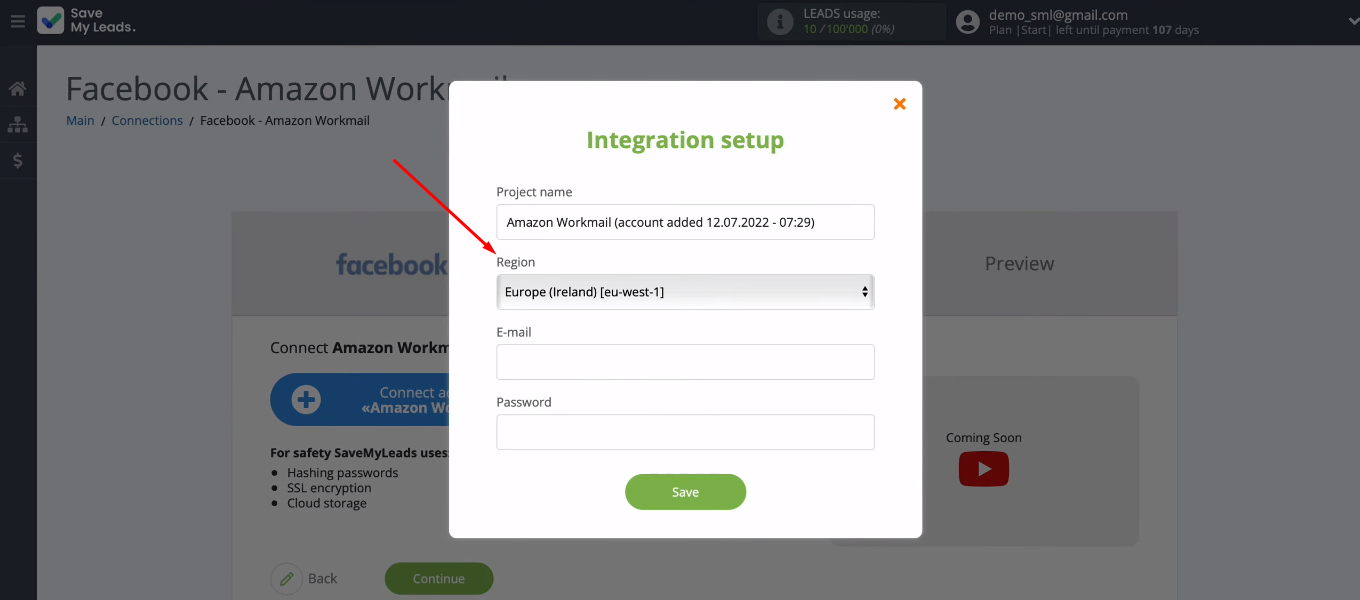 Facebook and Amazon WorkMail integration | Field "Region"