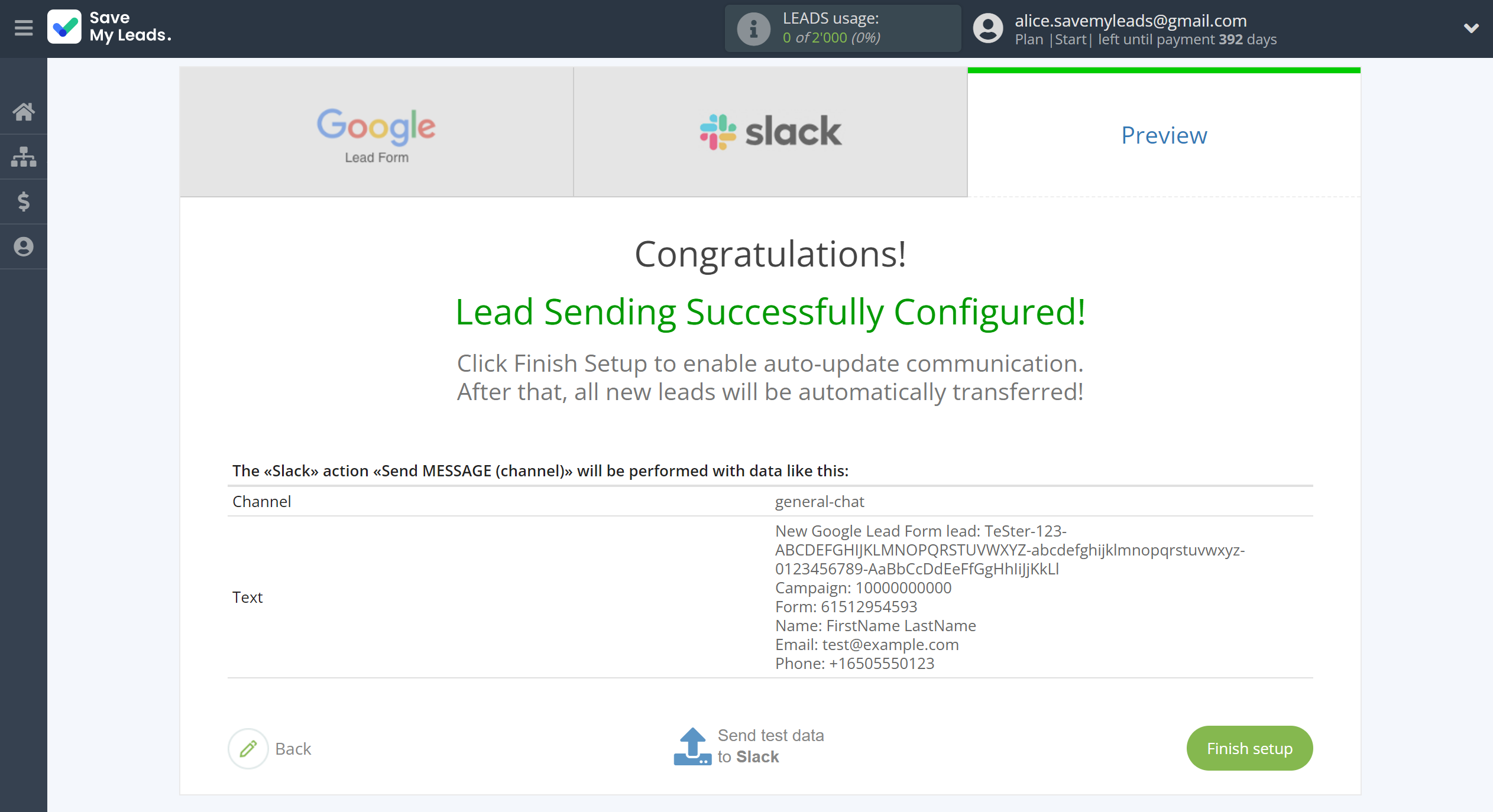 How to Connect Google Lead Form with Slack Channel Notification | Test data