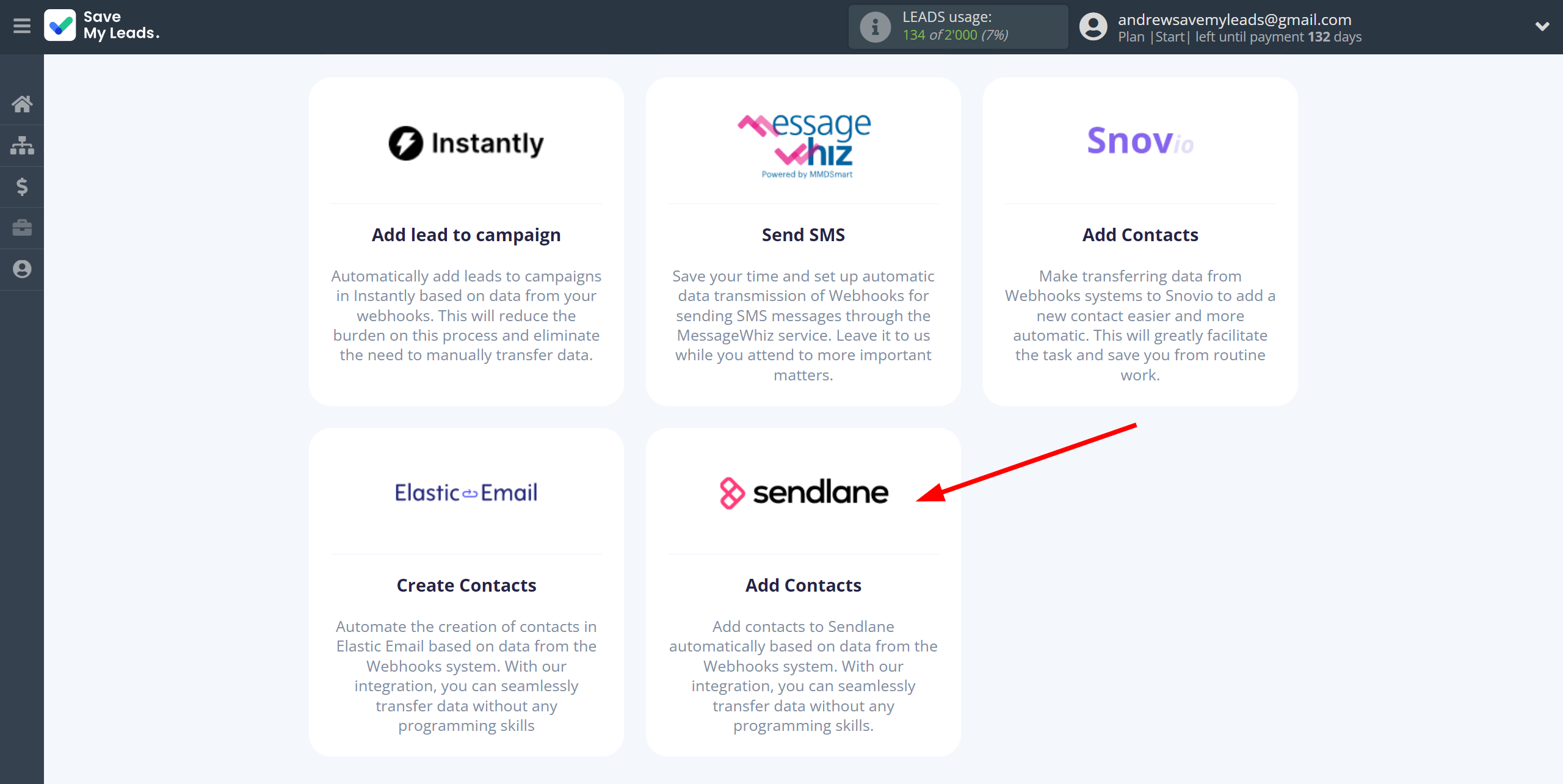 How to Connect Webhooks with Sendlane Add Contacts | Data Destination system selection