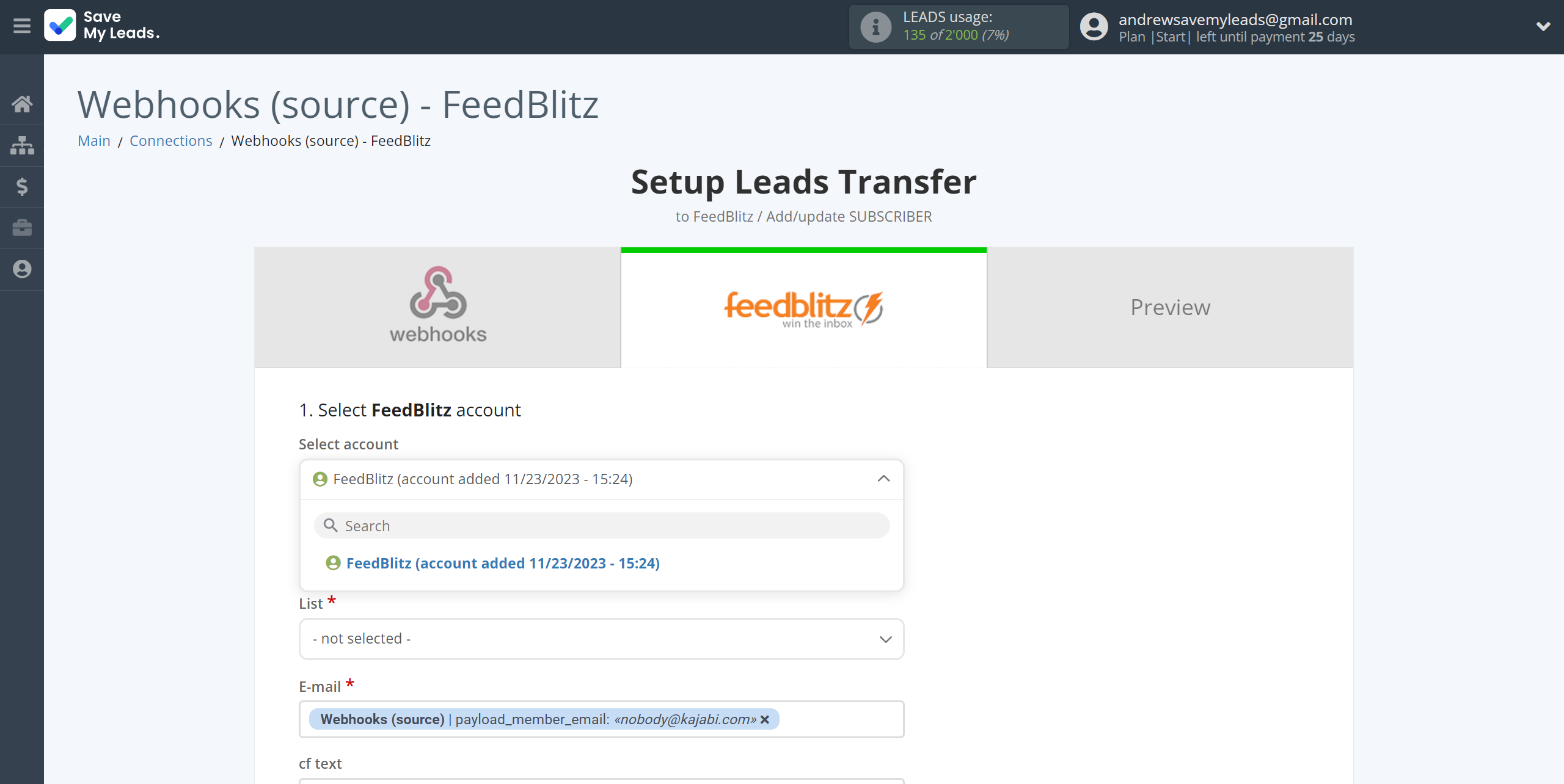 How to Connect Webhooks with FeedBlitz | Data Destination account selection