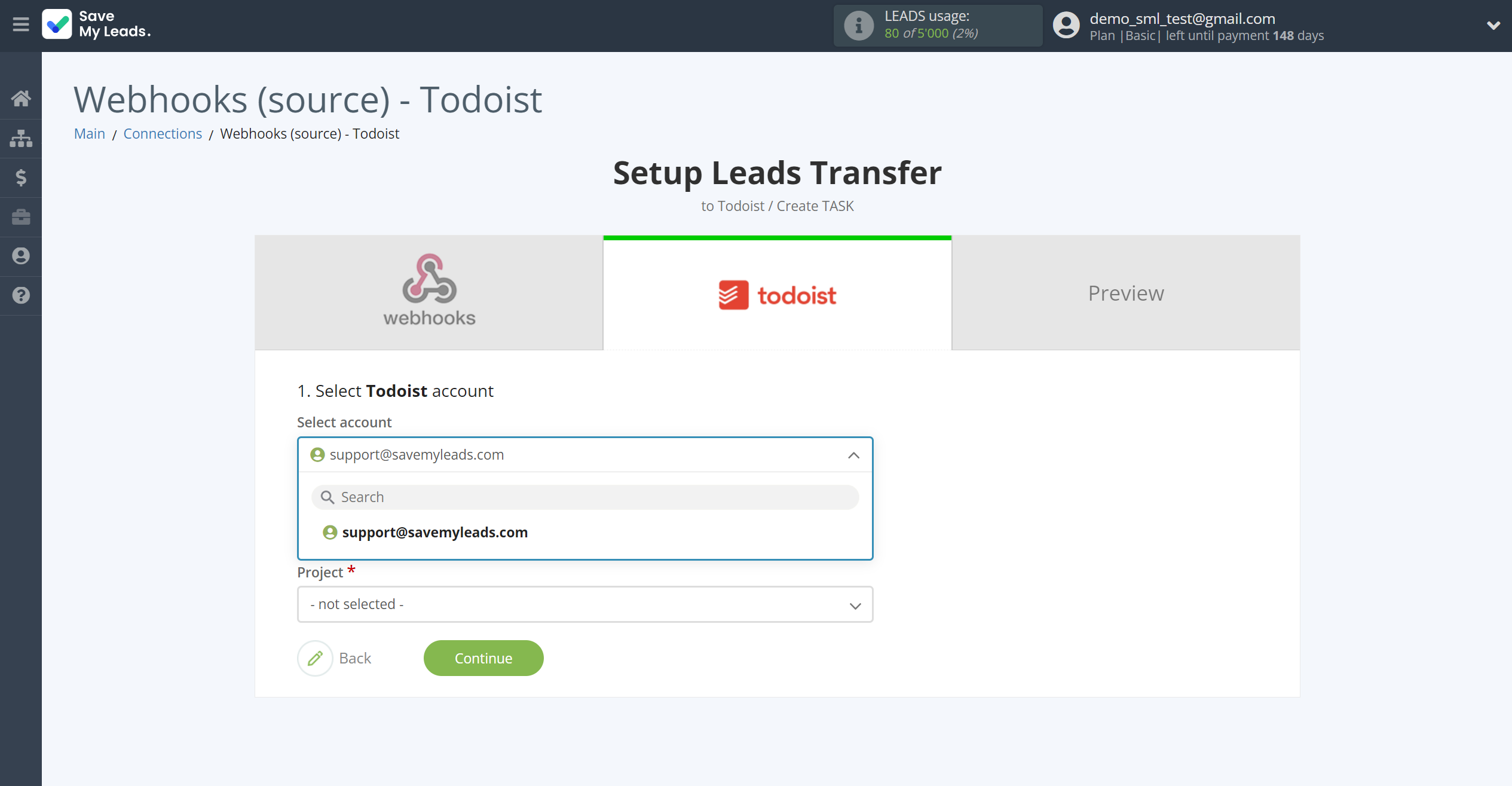 How to Connect Webhooks with Todoist | Data Destination account selection