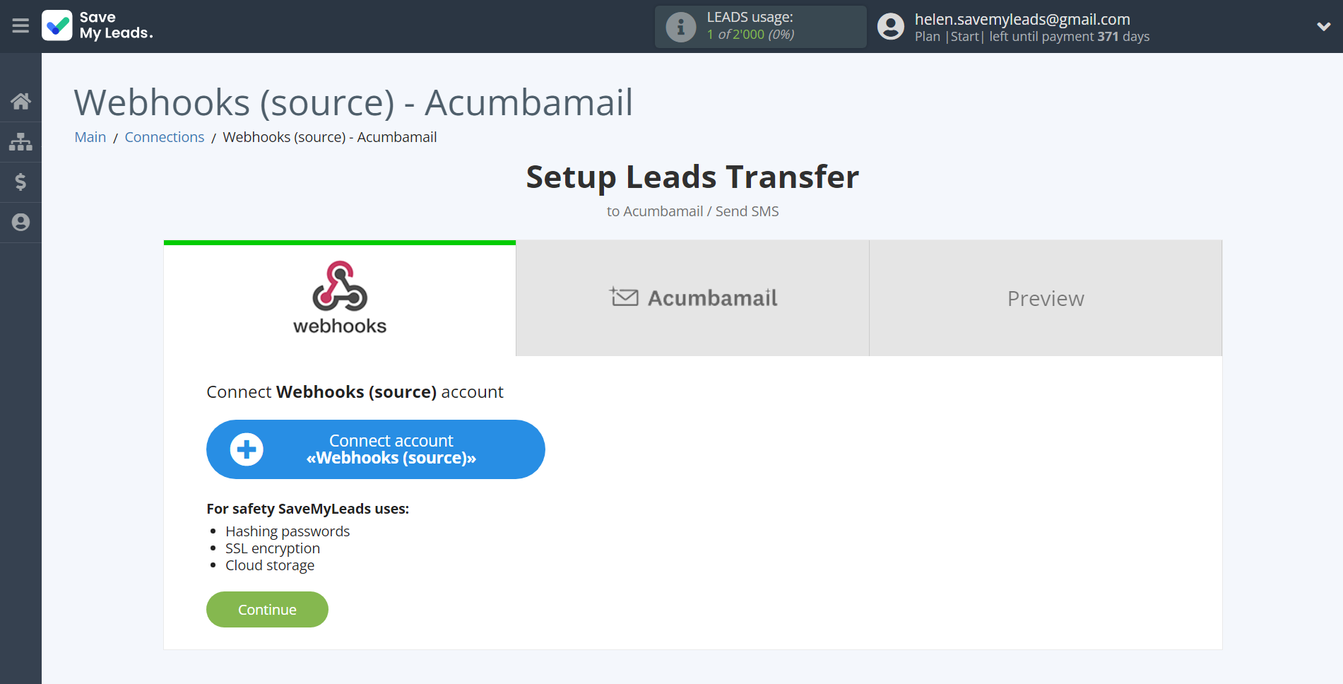 How to Connect Webhooks with Acumbamail Send SMS | Data Source account