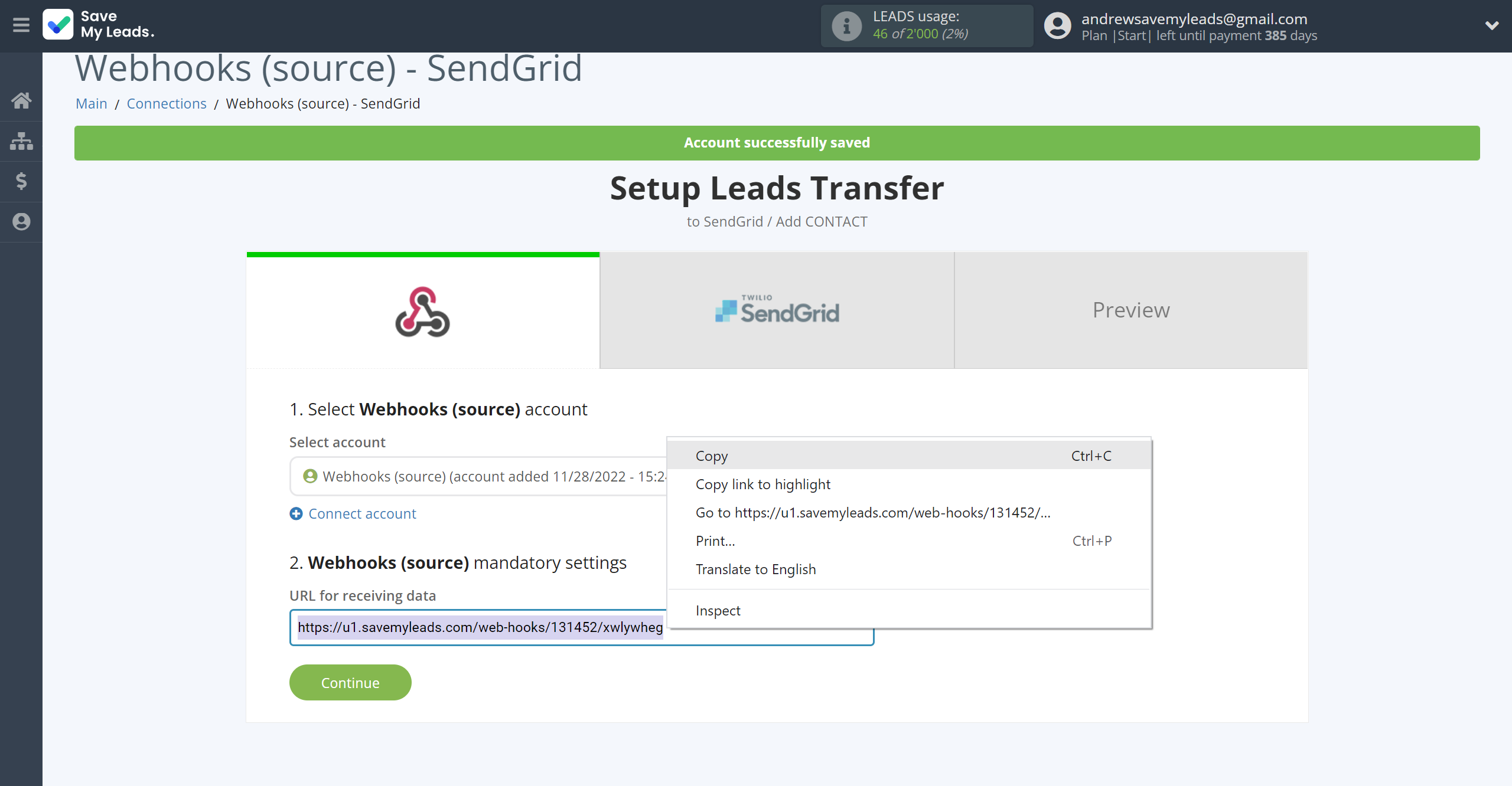 How to Connect Webhooks with SendGrid | Data Source account connection