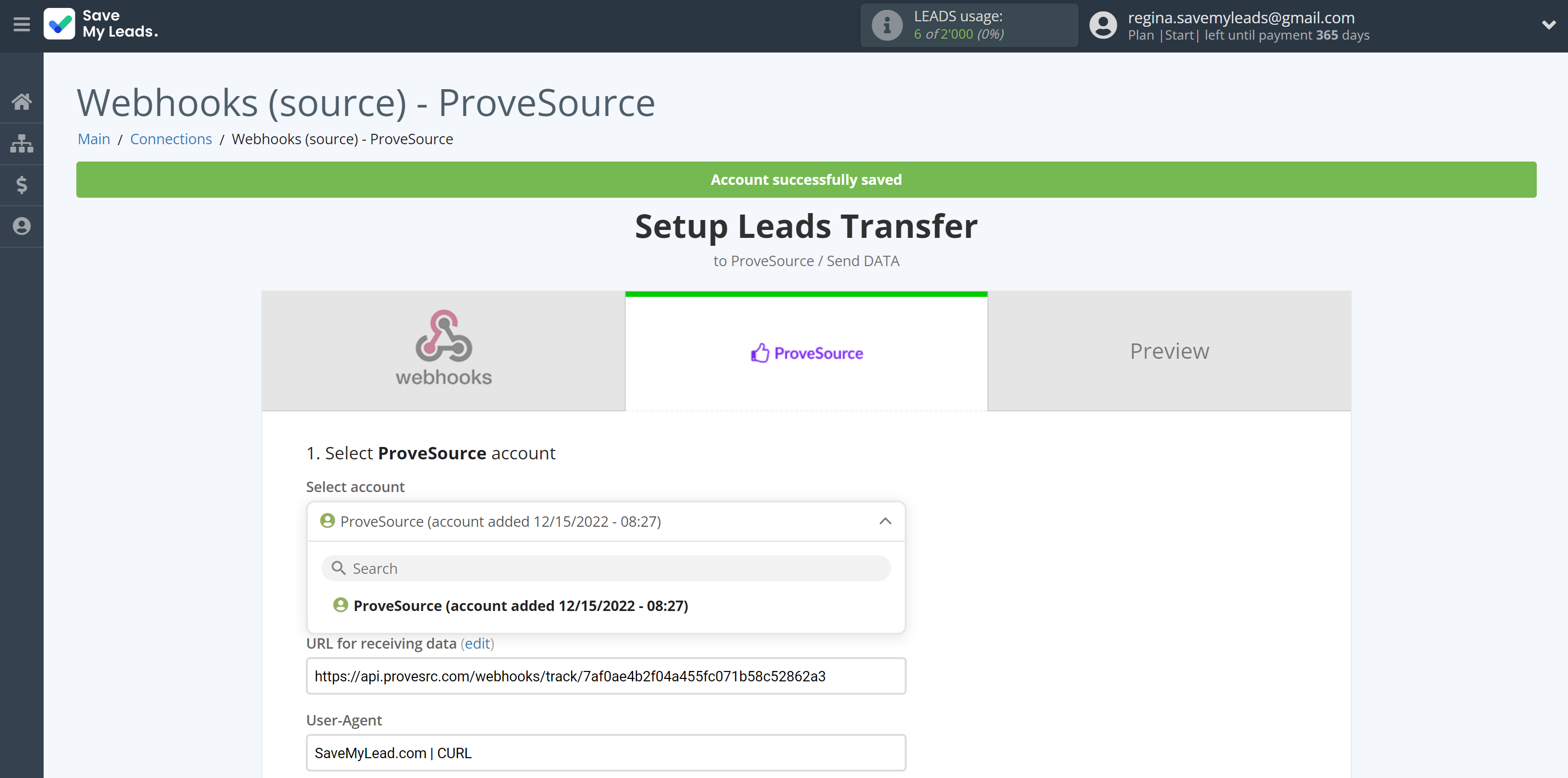 How to Connect Webhooks with ProveSource | Data Destination account selection