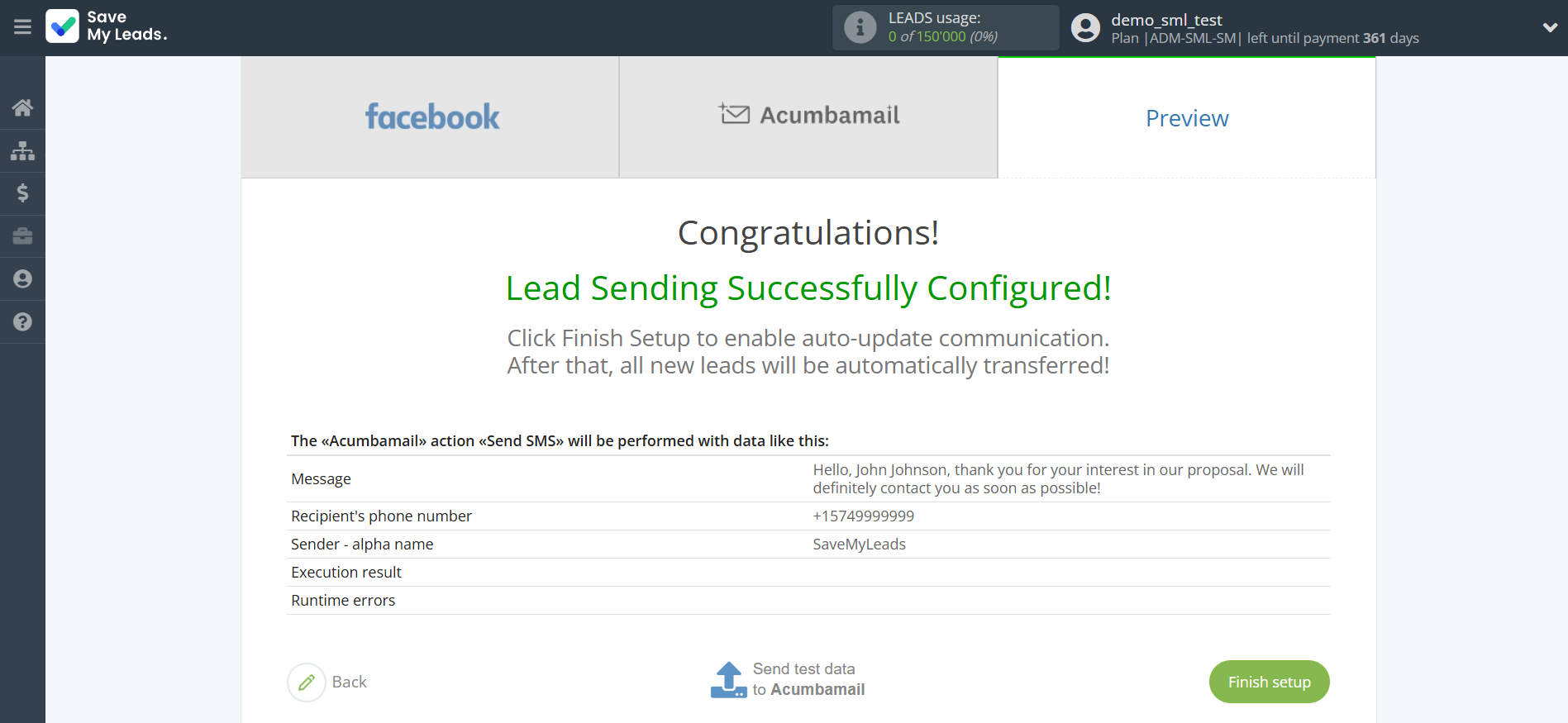 How to Connect Facebook with Acumbamail Send SMS | Test data