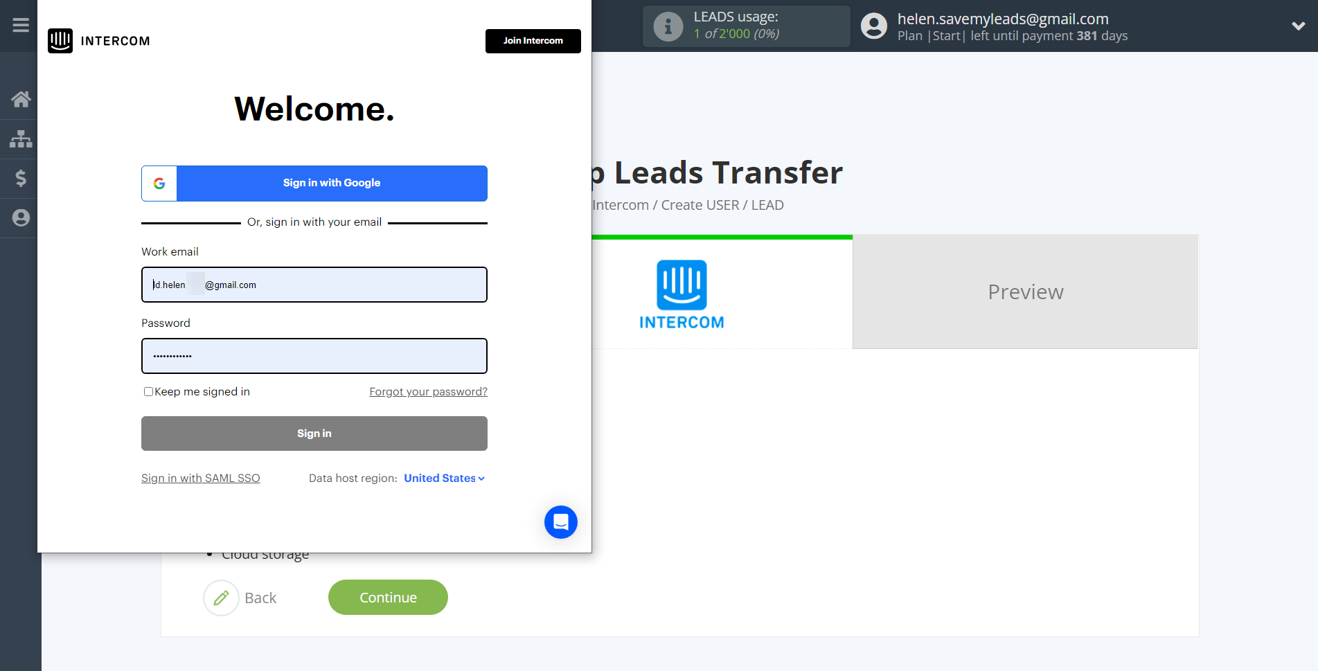 How to Connect Google Lead Form with Intercom | Data Destination account connection