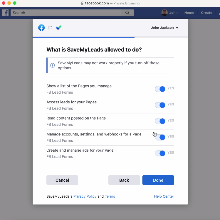 Facebook and Aweber integration | Leave all checkboxes enabled
