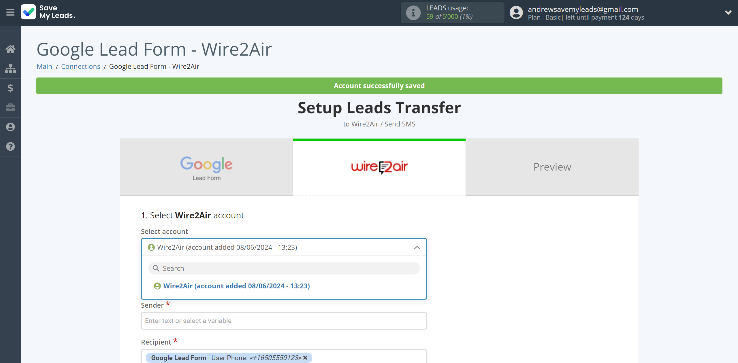 How to Connect Google Lead Form with Wire2Air | Data Destination account selection