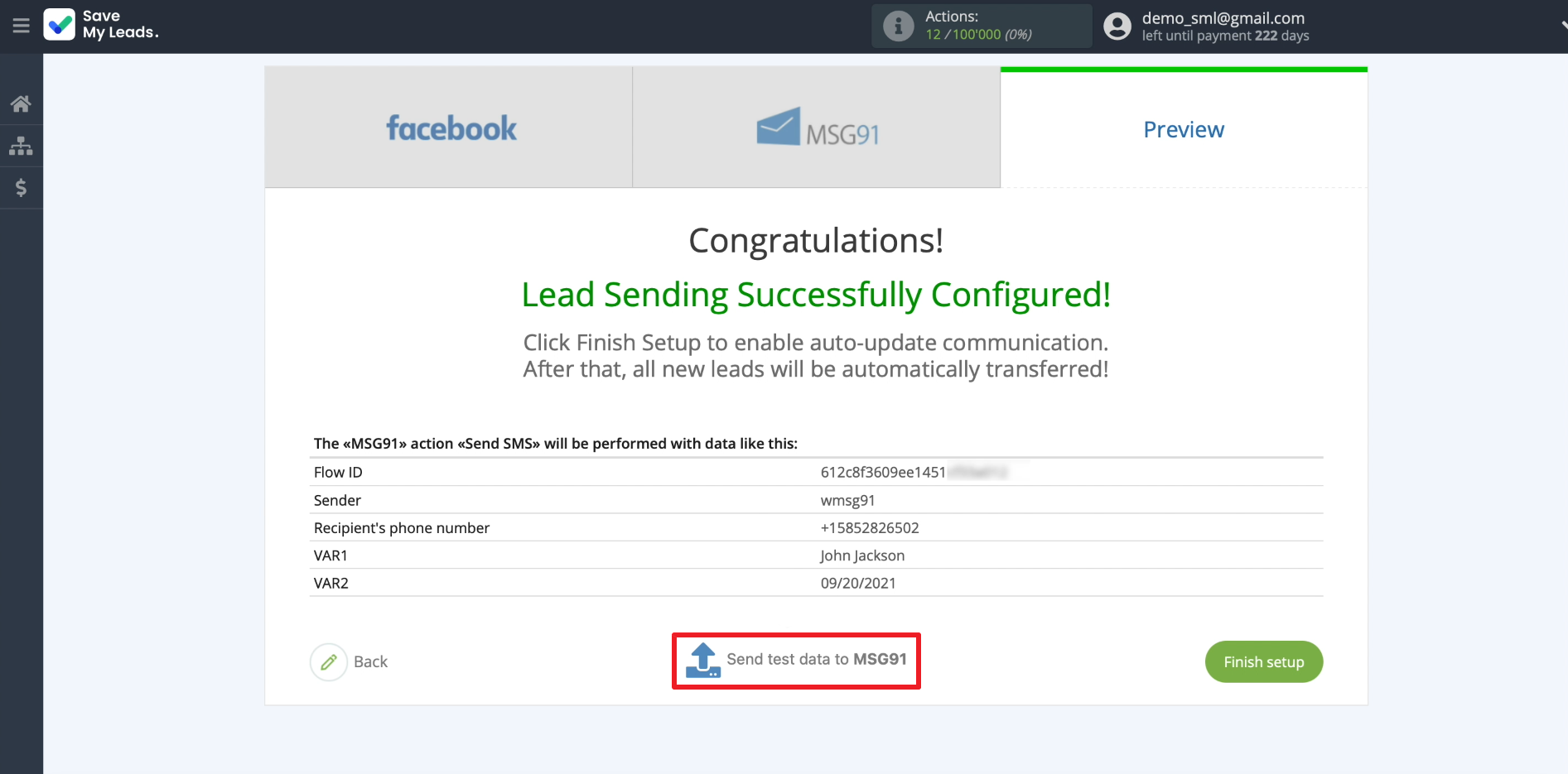 Facebook and MSG91 integration | Testing of sending a message