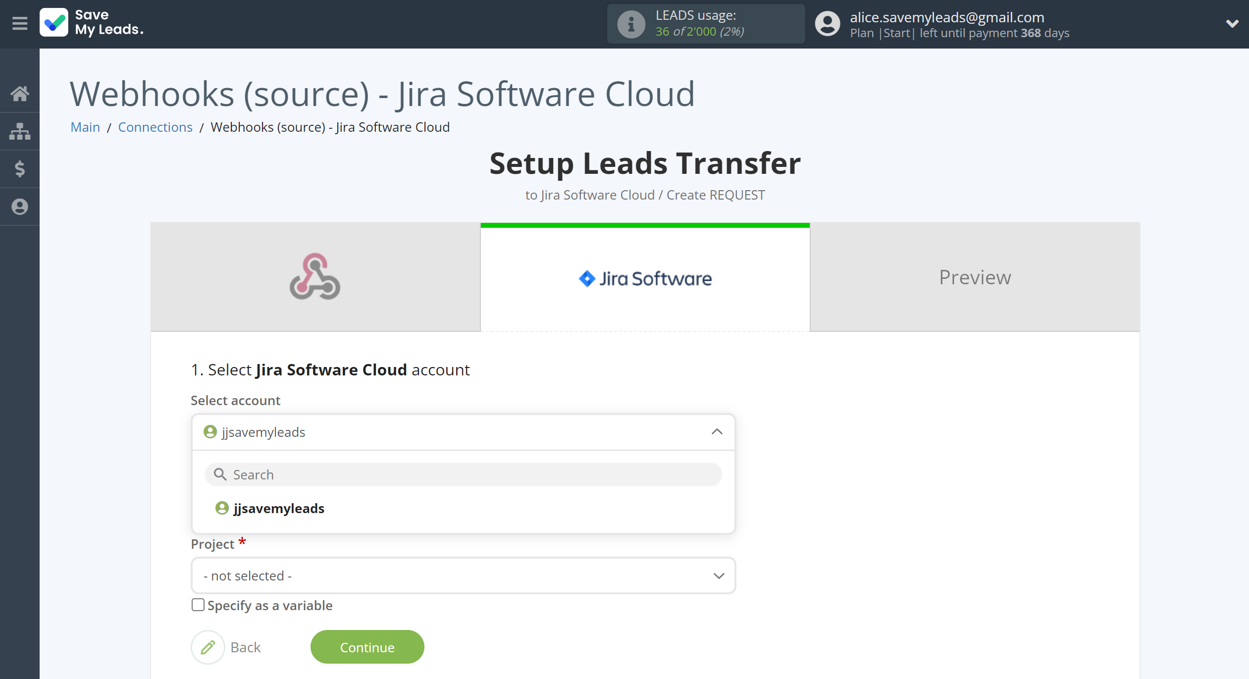 How to Connect Webhooks with Jira Software Cloud | Data Destination account selection