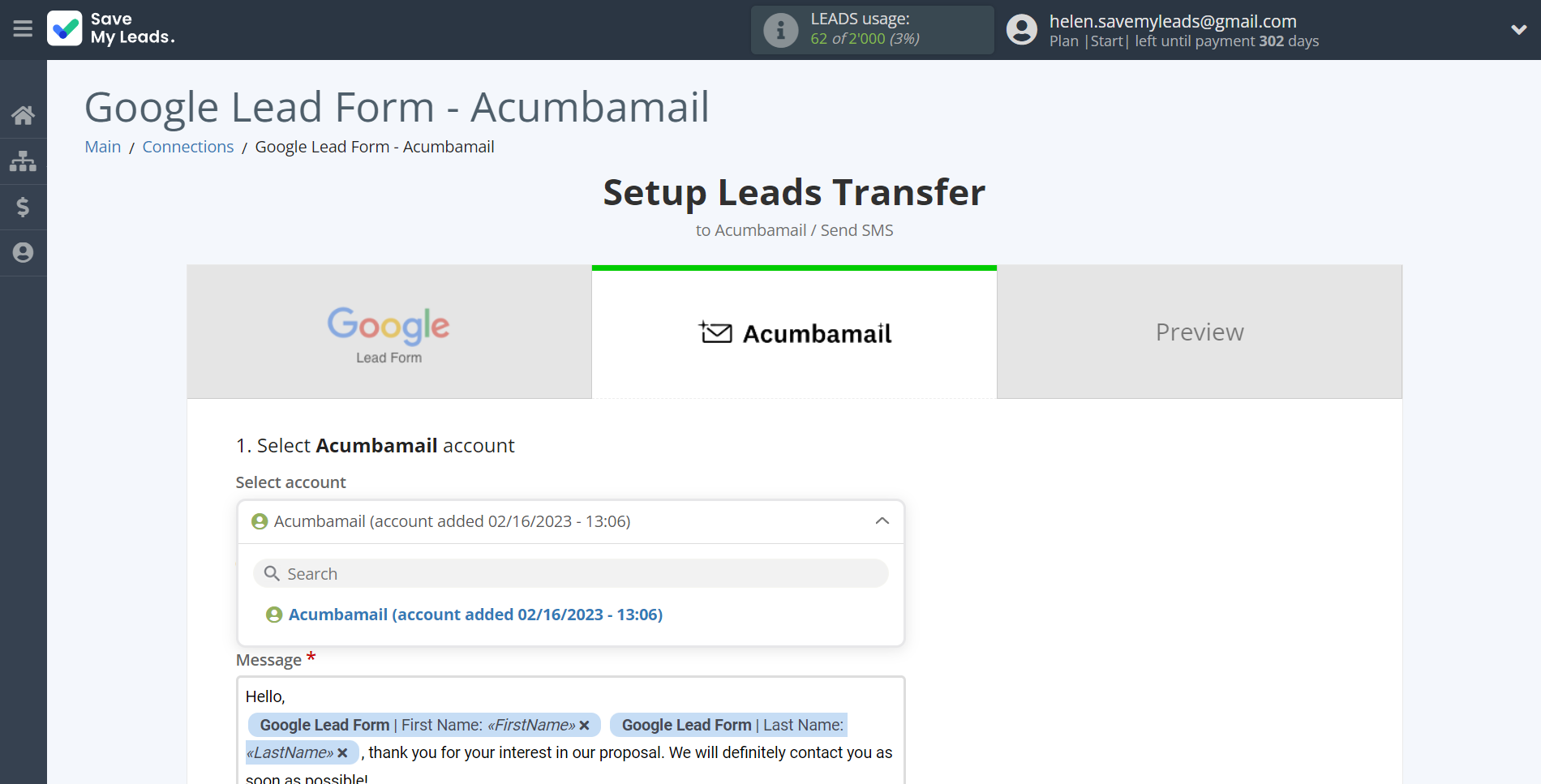 How to Connect Google Lead Form with Acumbamail Send SMS | Data Destination account selection